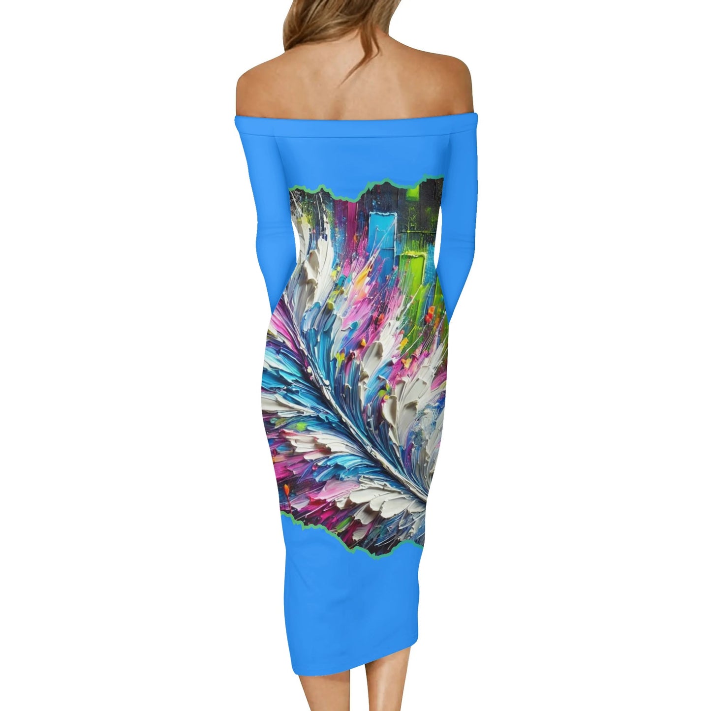 Womens Off The Shoulder Long Sleeve Elegant Wrap Dress "Abstract Feather Print"