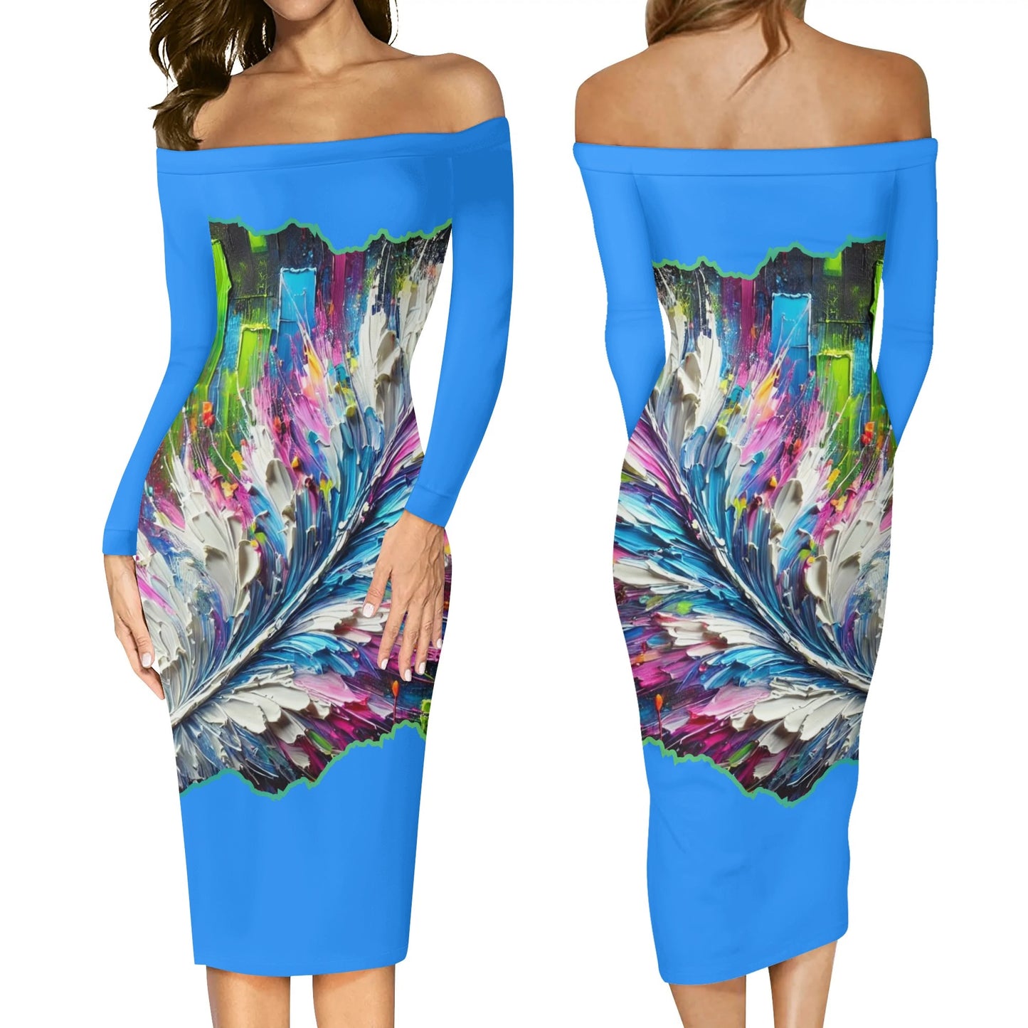 Womens Off The Shoulder Long Sleeve Elegant Wrap Dress "Abstract Feather Print"