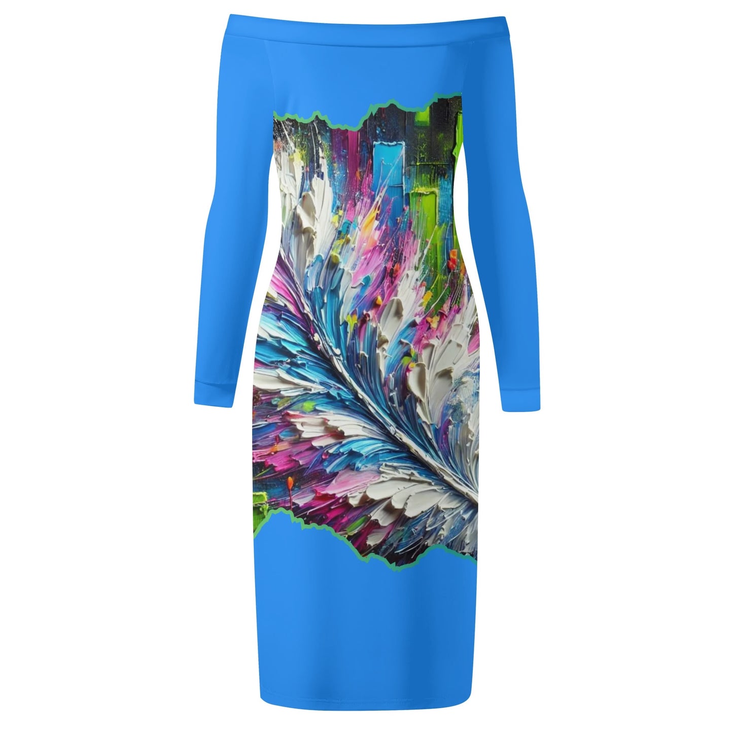 Womens Off The Shoulder Long Sleeve Elegant Wrap Dress "Abstract Feather Print"