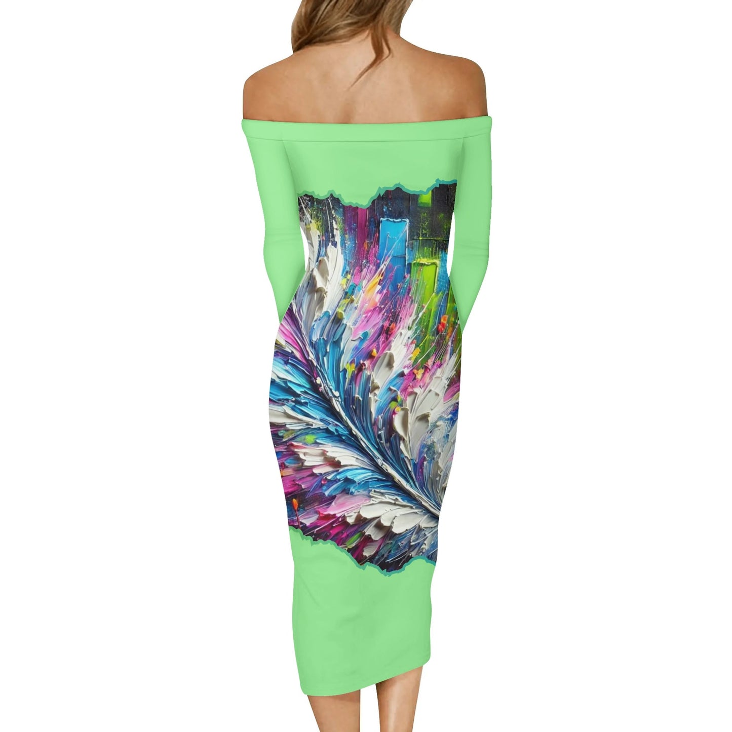 Womens Off The Shoulder Long Sleeve Elegant Wrap Dress "Abstract Feather Print"