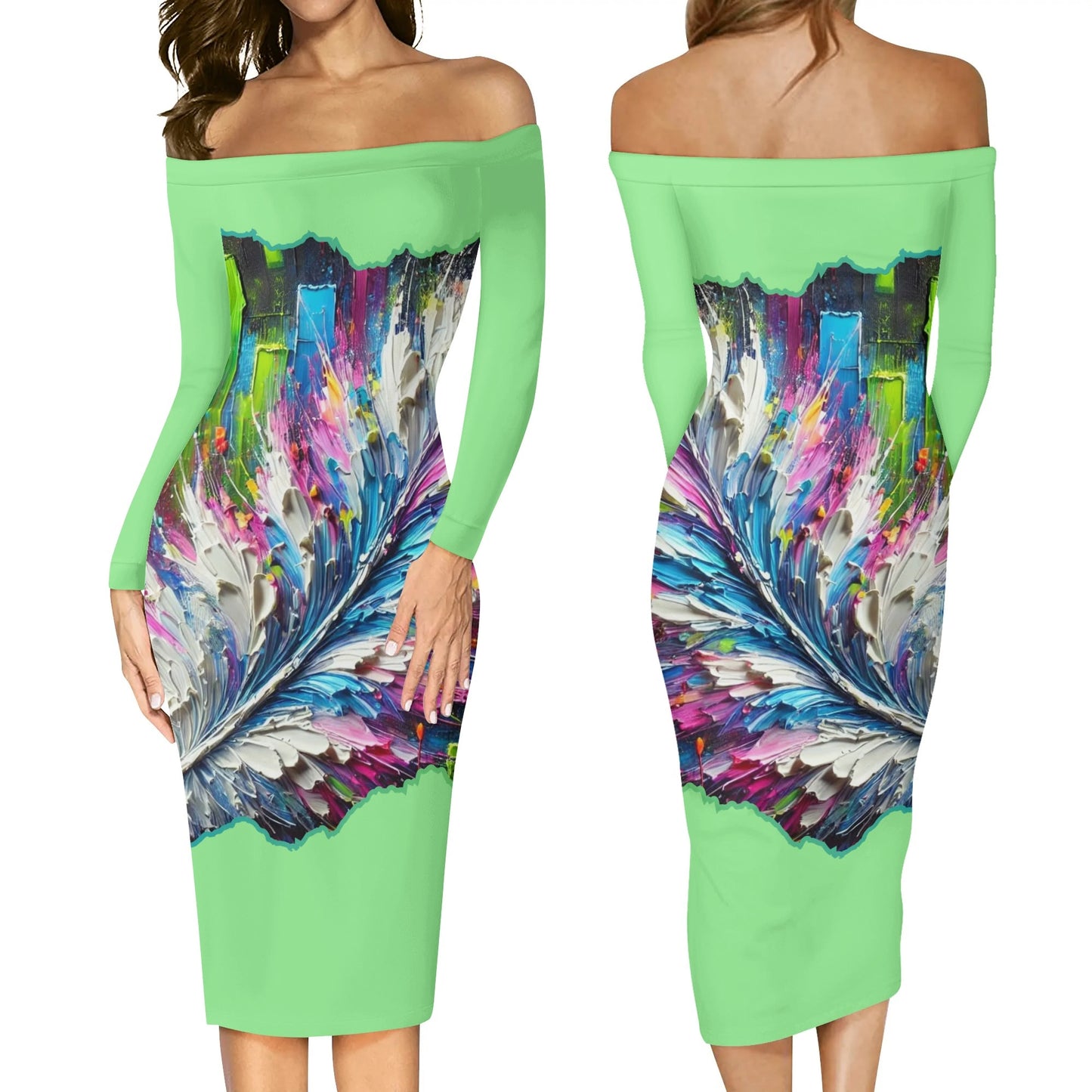 Womens Off The Shoulder Long Sleeve Elegant Wrap Dress "Abstract Feather Print"