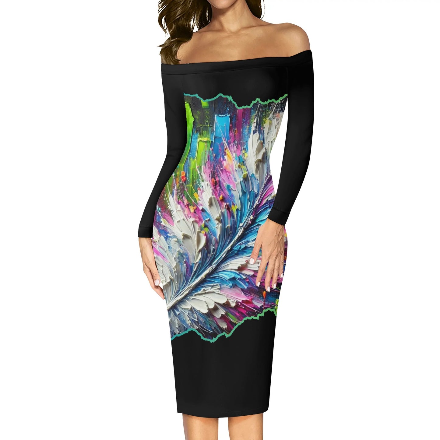 Womens Off The Shoulder Long Sleeve Elegant Wrap Dress "Abstract Feather Print"