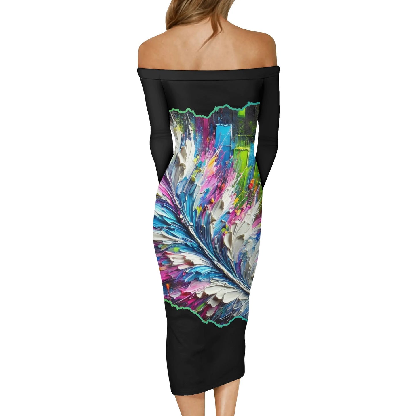 Womens Off The Shoulder Long Sleeve Elegant Wrap Dress "Abstract Feather Print"