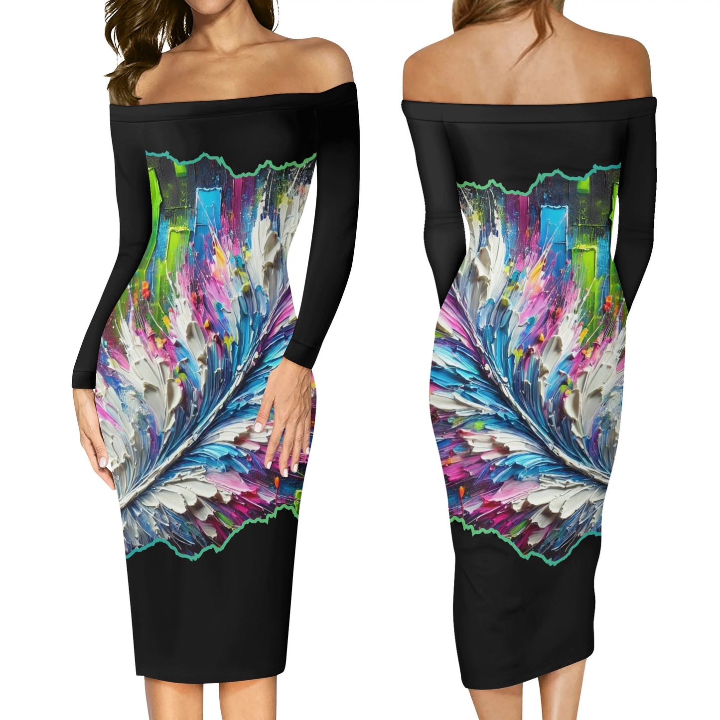 Womens Off The Shoulder Long Sleeve Elegant Wrap Dress "Abstract Feather Print"