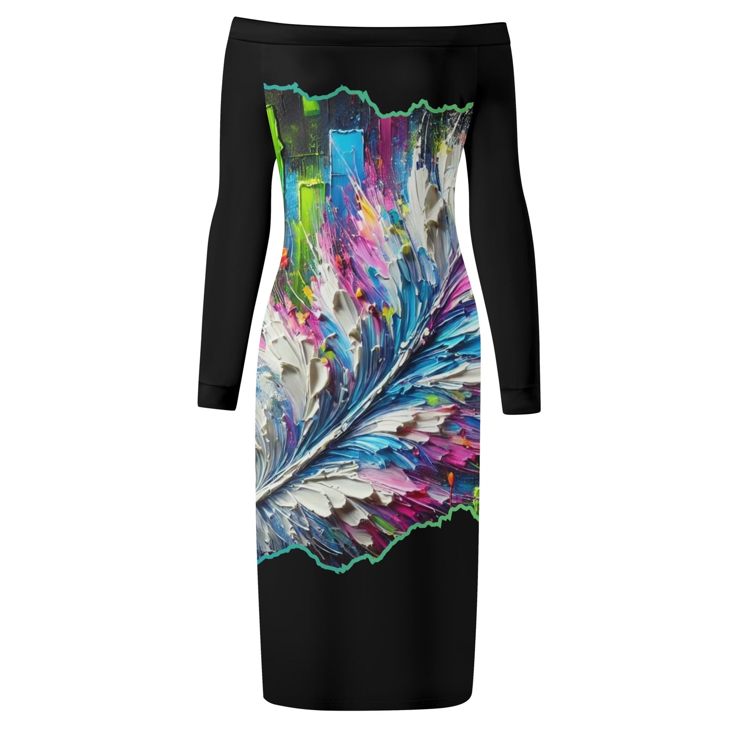 Womens Off The Shoulder Long Sleeve Elegant Wrap Dress "Abstract Feather Print"