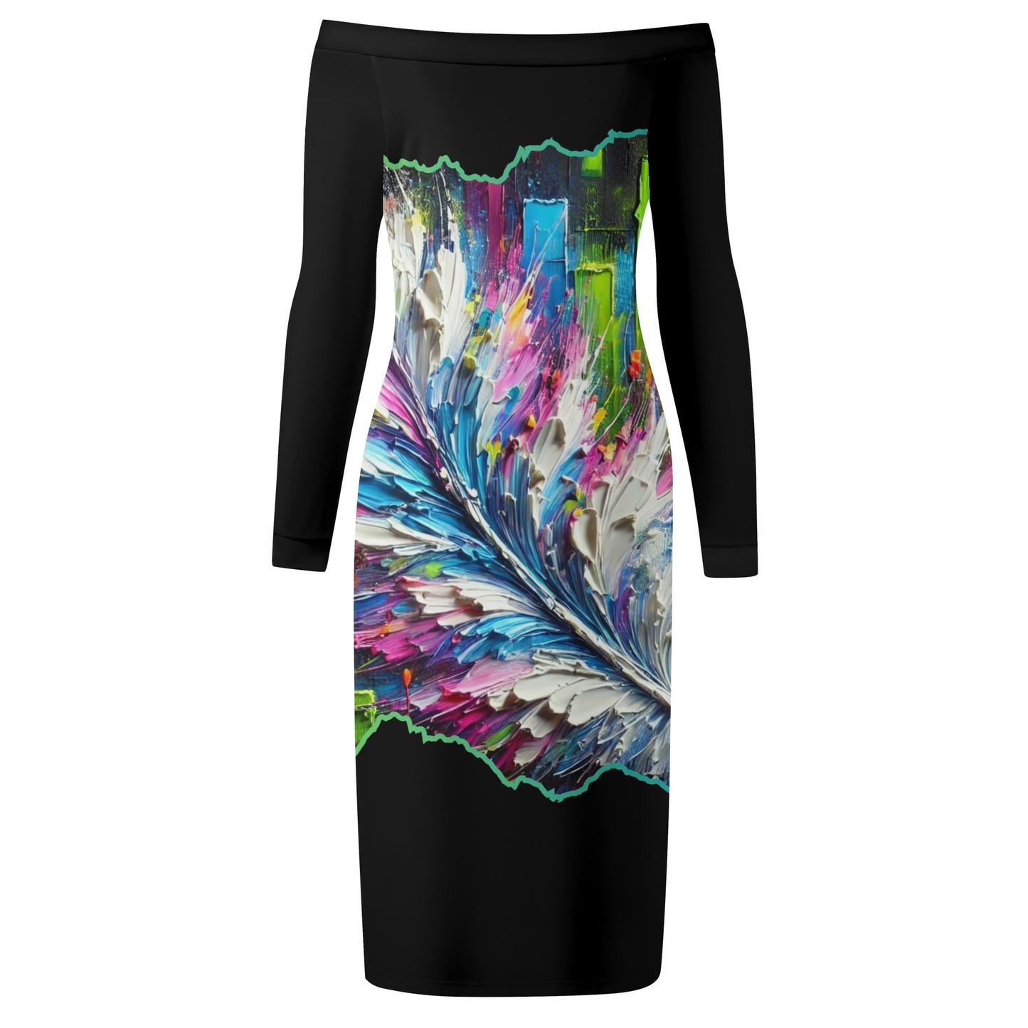 Womens Off The Shoulder Long Sleeve Elegant Wrap Dress "Abstract Feather Print"