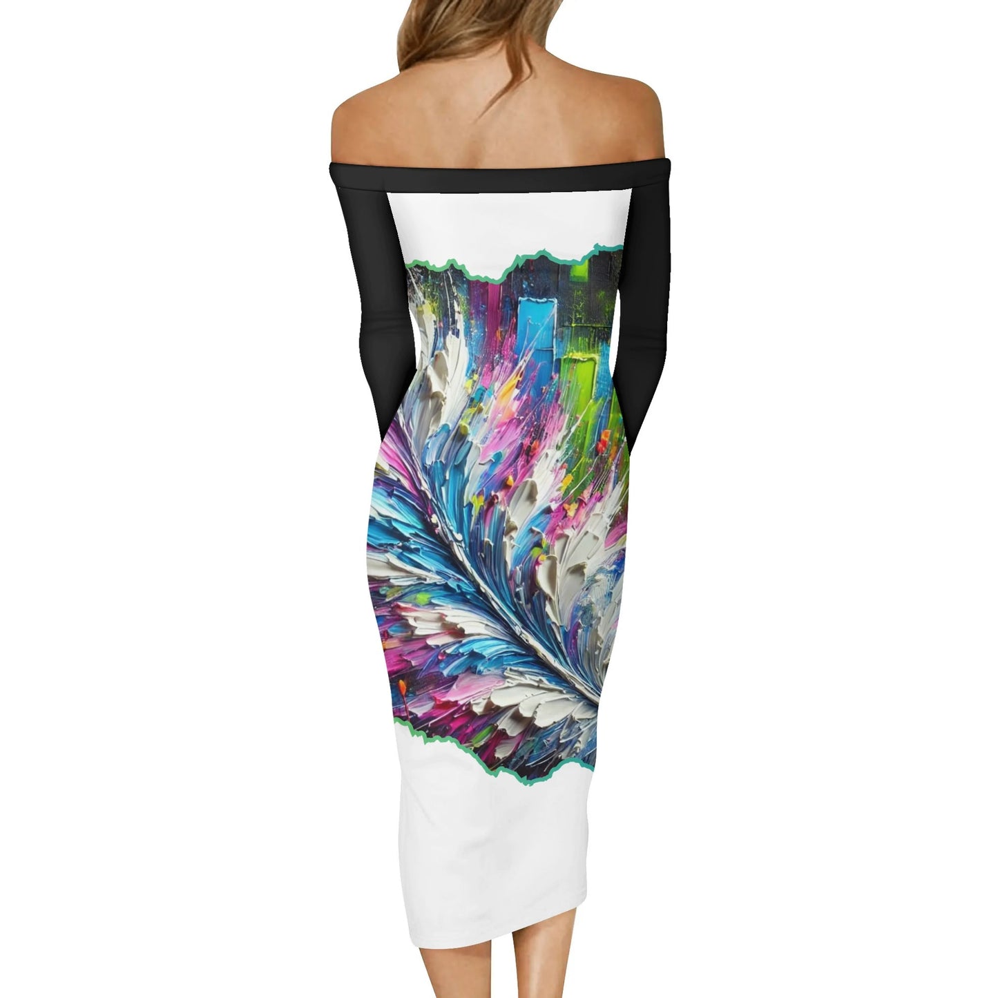 Womens Off The Shoulder Long Sleeve Elegant Wrap Dress "Abstract Feather Print"