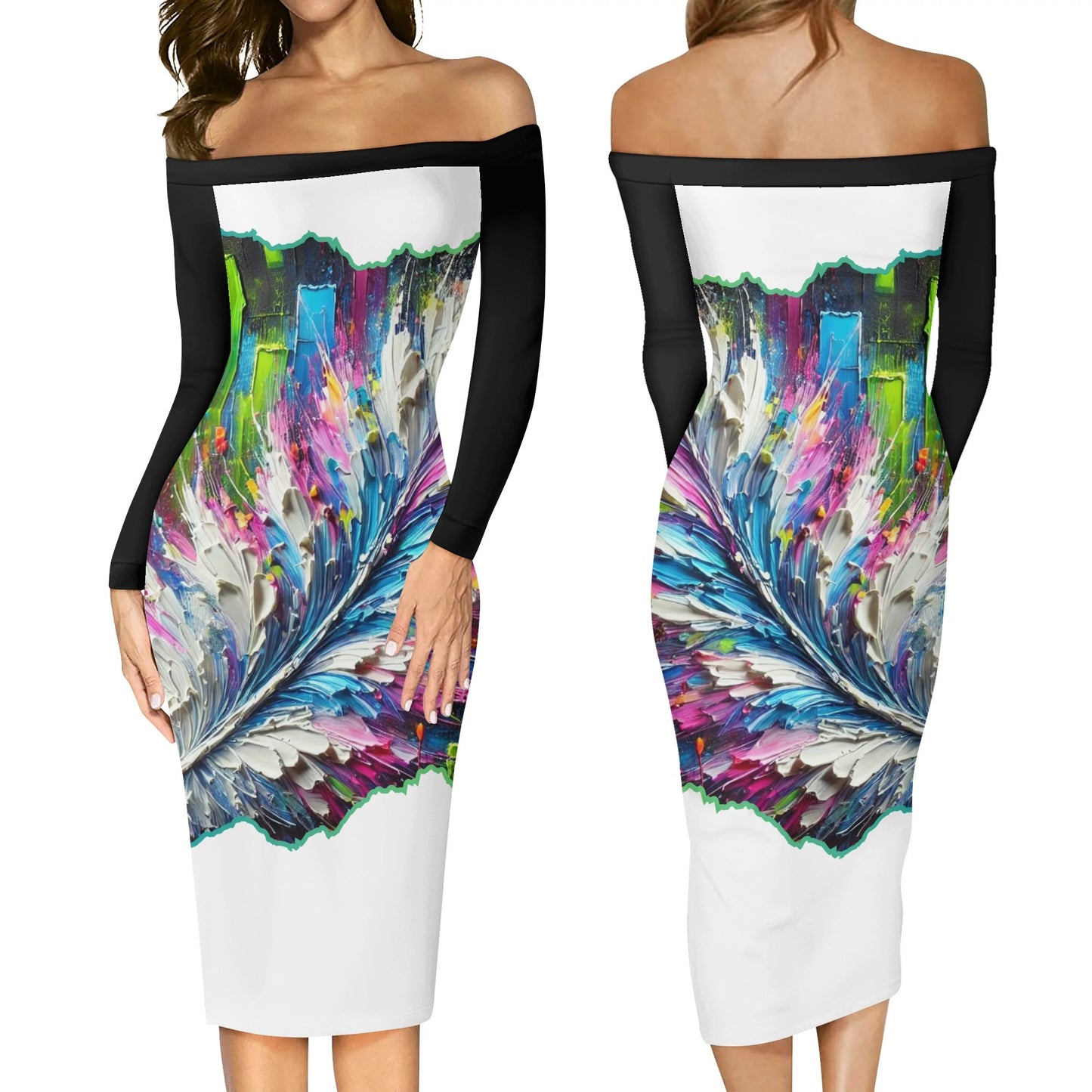 Womens Off The Shoulder Long Sleeve Elegant Wrap Dress "Abstract Feather Print"