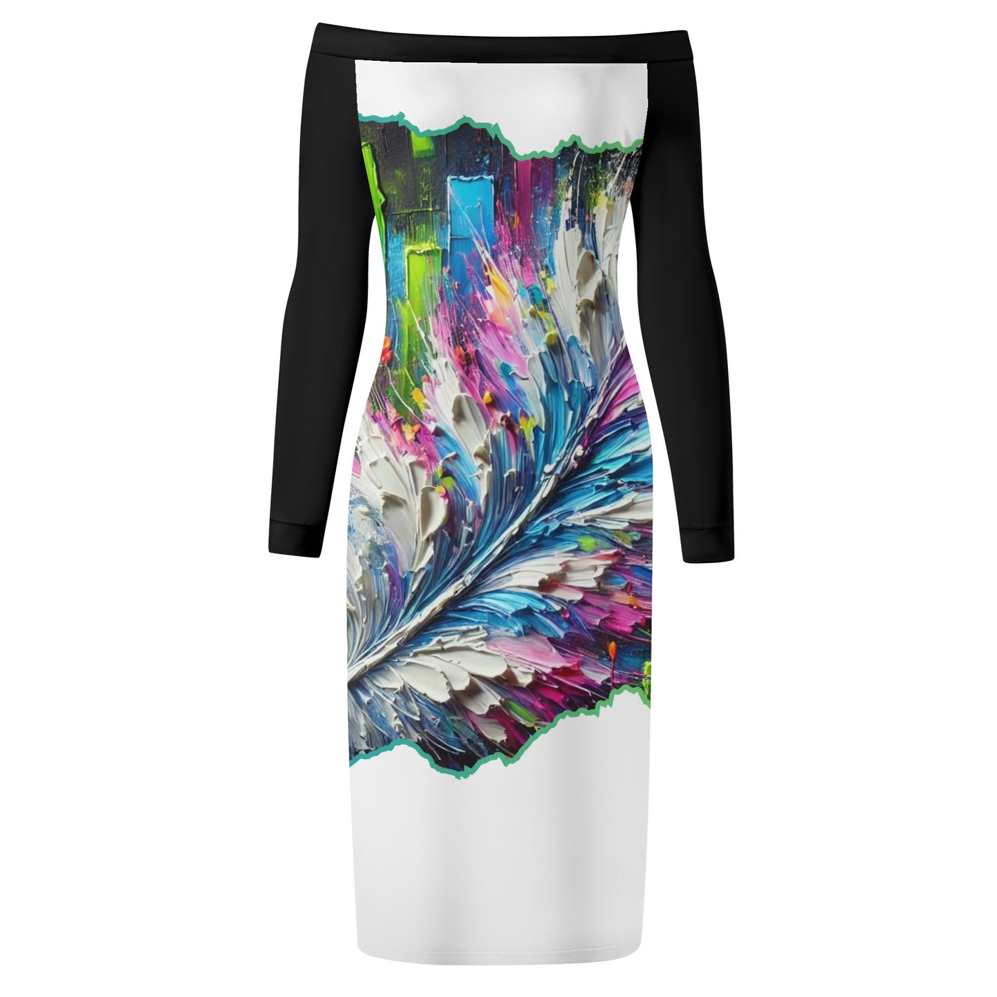 Womens Off The Shoulder Long Sleeve Elegant Wrap Dress "Abstract Feather Print"