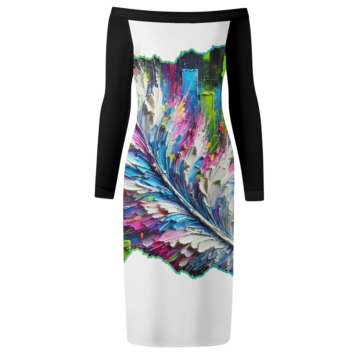 Womens Off The Shoulder Long Sleeve Elegant Wrap Dress "Abstract Feather Print"