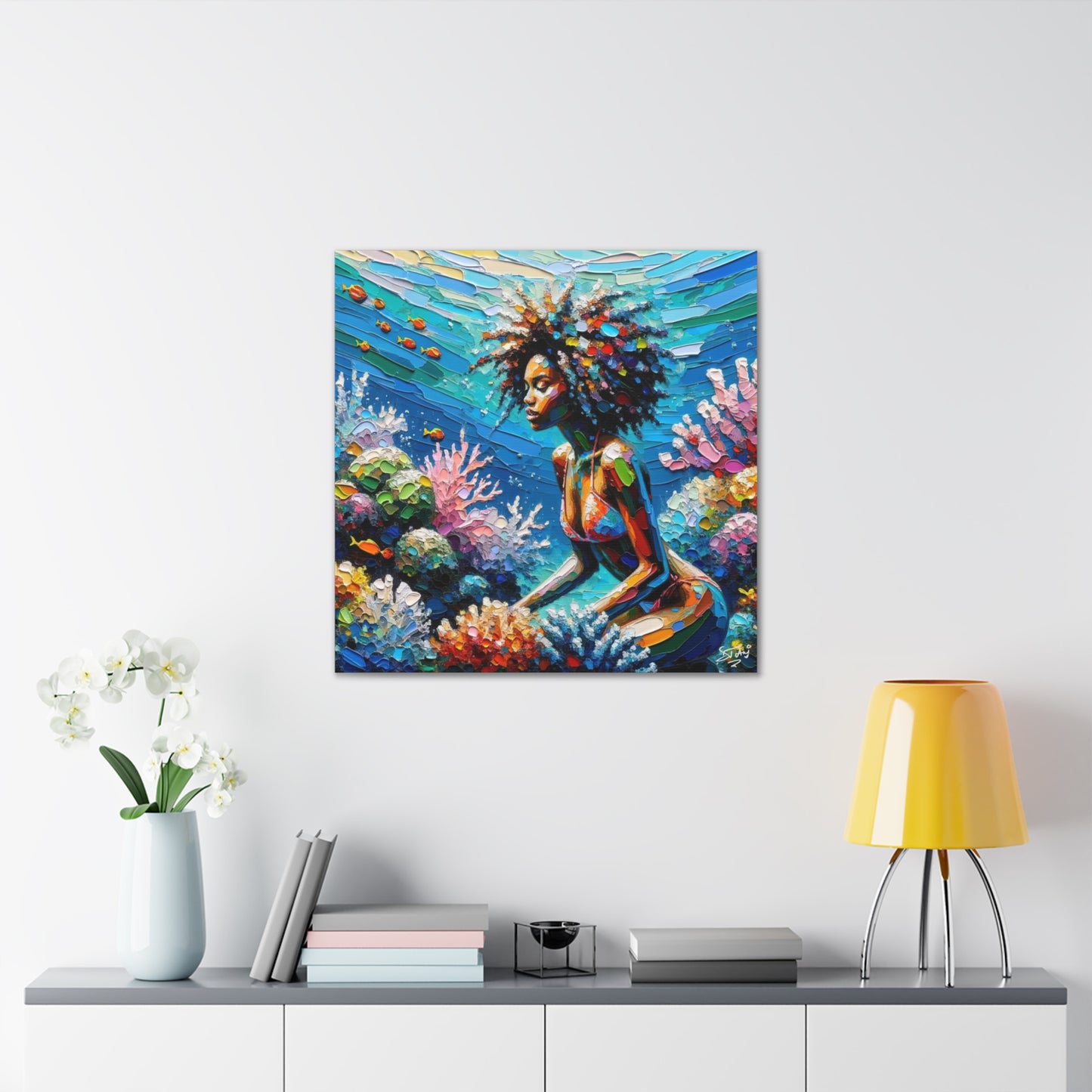 Art Print, Black Woman with Fishes in Coral Reef, Oil Finish, Caribbean Nature, Semi-Abstract, Canvas Gallery Wrap