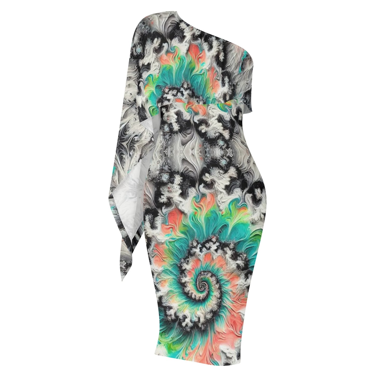 Womens One Shoulder Sleeve Evening Dress - All Over Prints