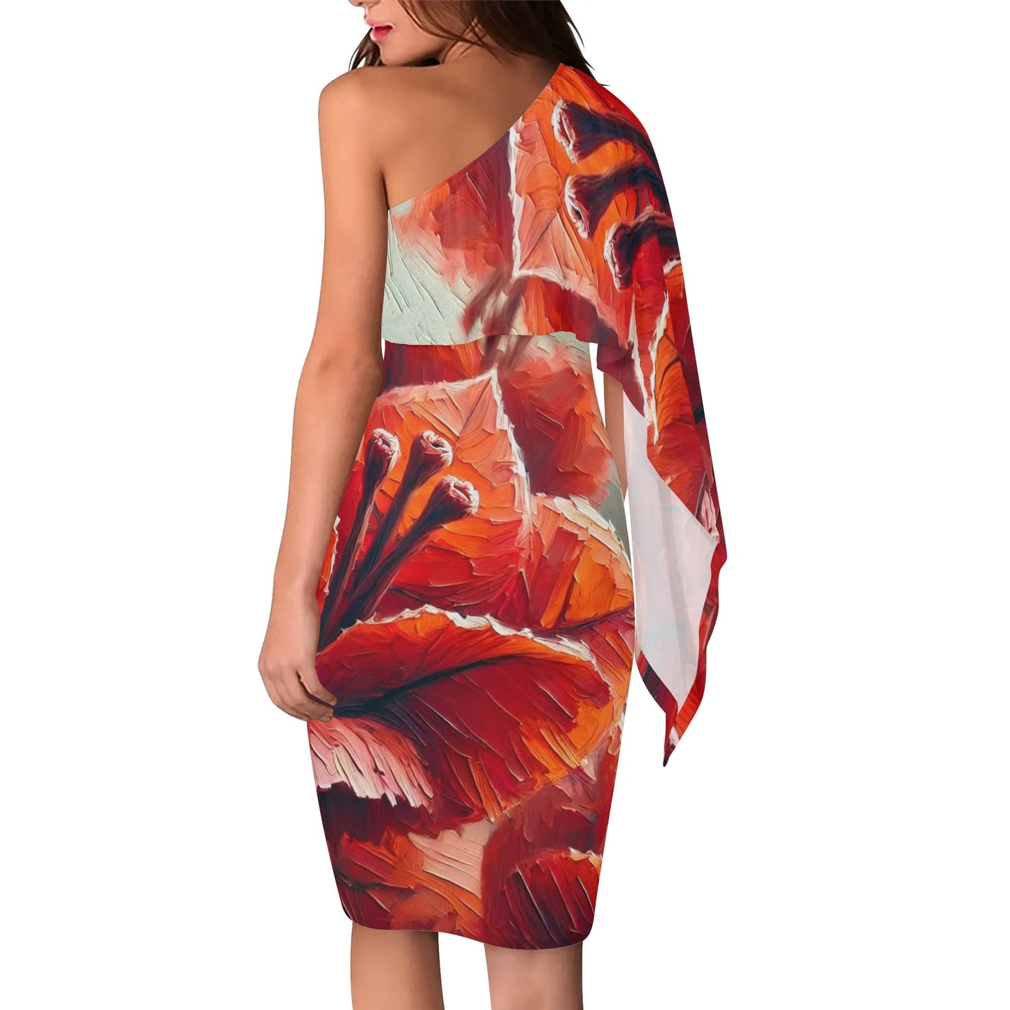 Womens One Shoulder Sleeve Evening Dress - All Over Prints