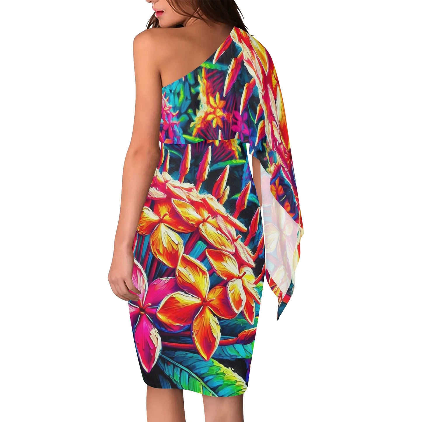 Womens One Shoulder Sleeve Evening Dress - All Over Prints