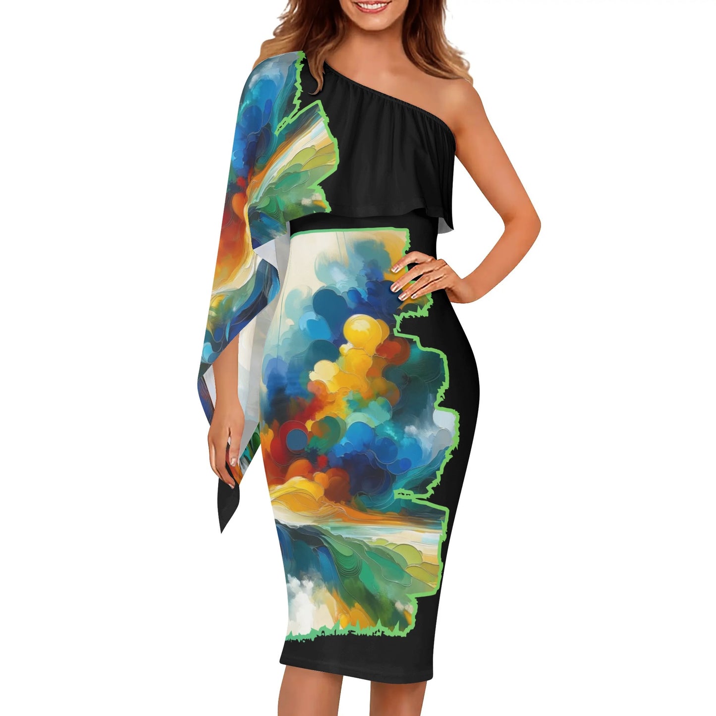 Womens One Shoulder Sleeve Evening Dress "Abstract Print"