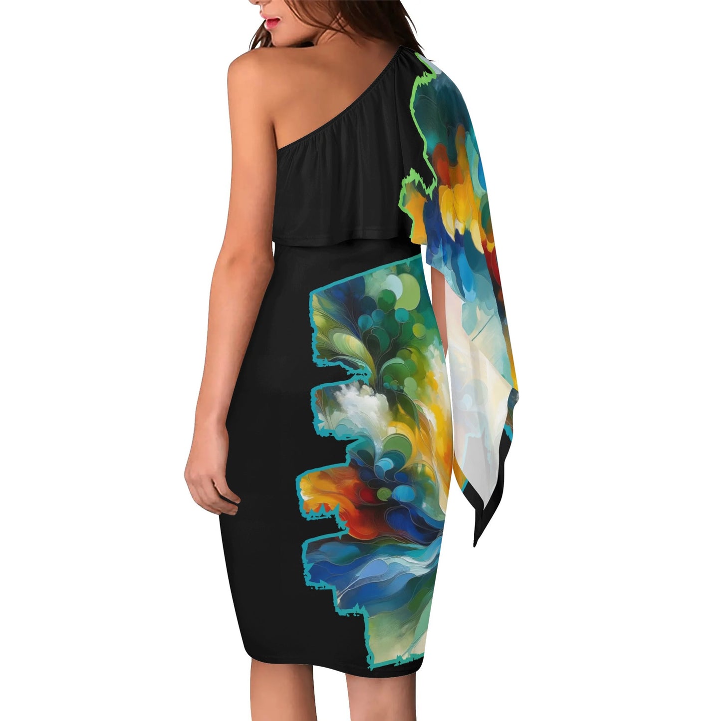 Womens One Shoulder Sleeve Evening Dress "Abstract Print"