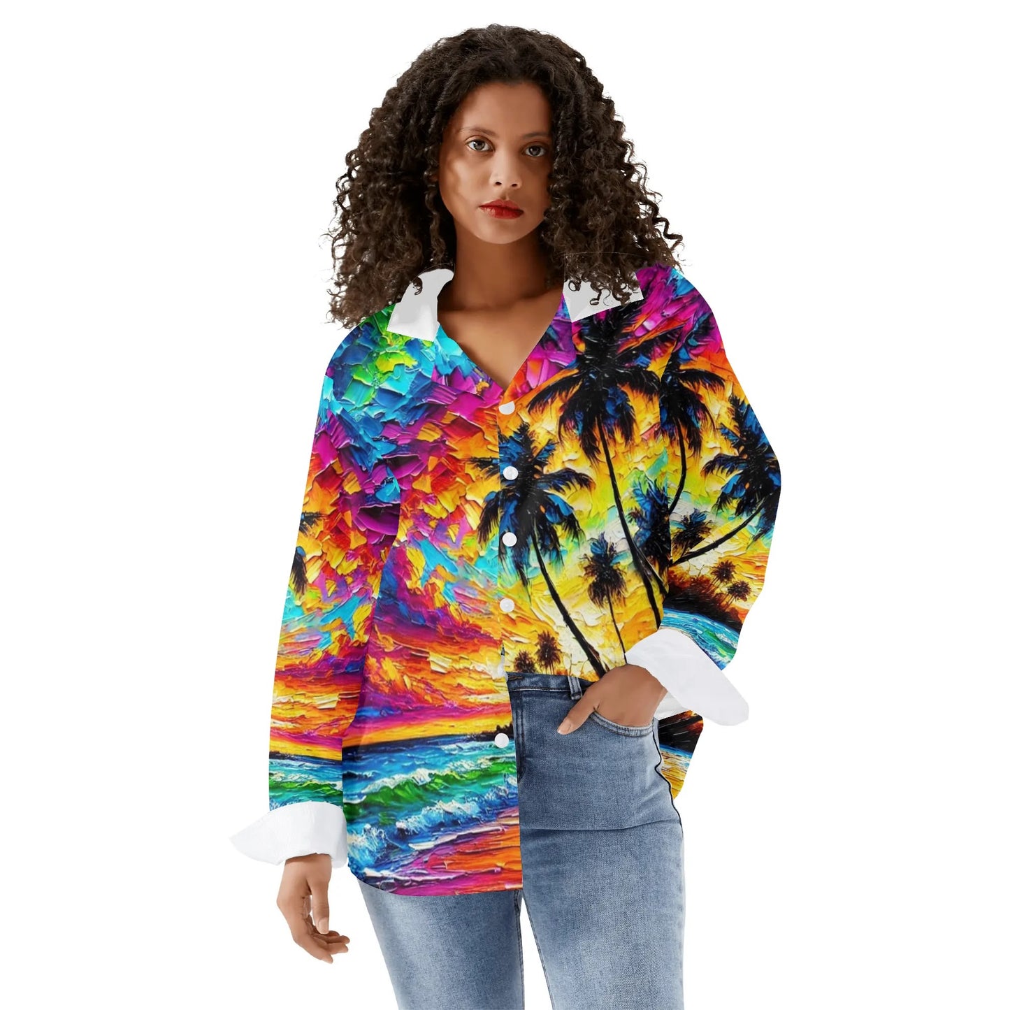 Casual Long Sleeve Button Down Shirt "Caribbean Scene"