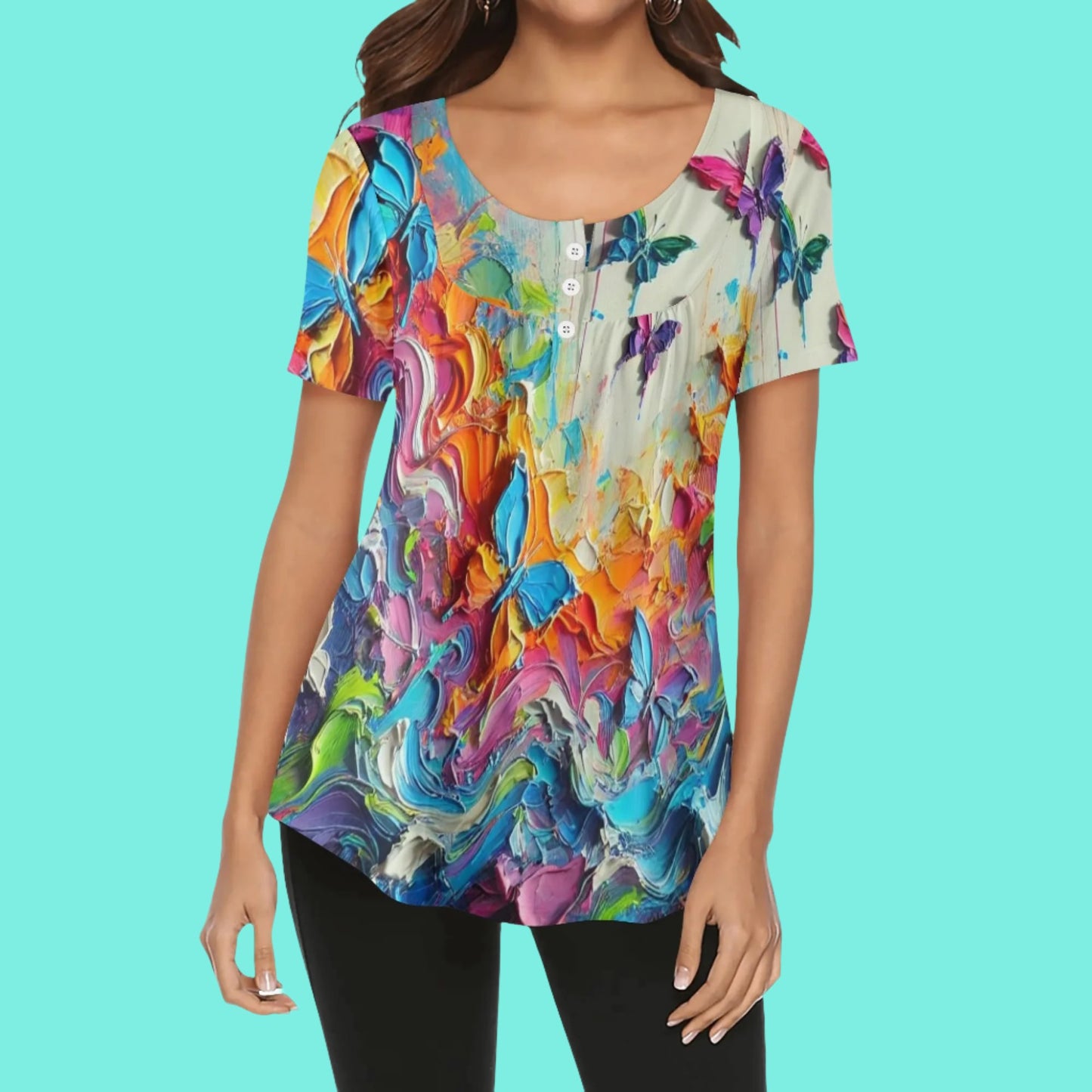 Scoop Neck Short Sleeve Loose Blouse "All Over Prints"