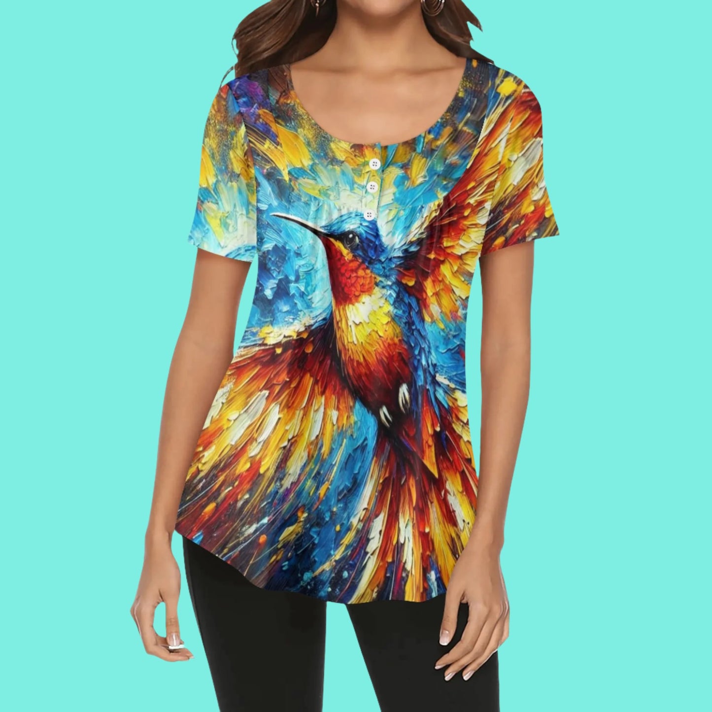 Scoop Neck Short Sleeve Loose Blouse "All Over Prints"