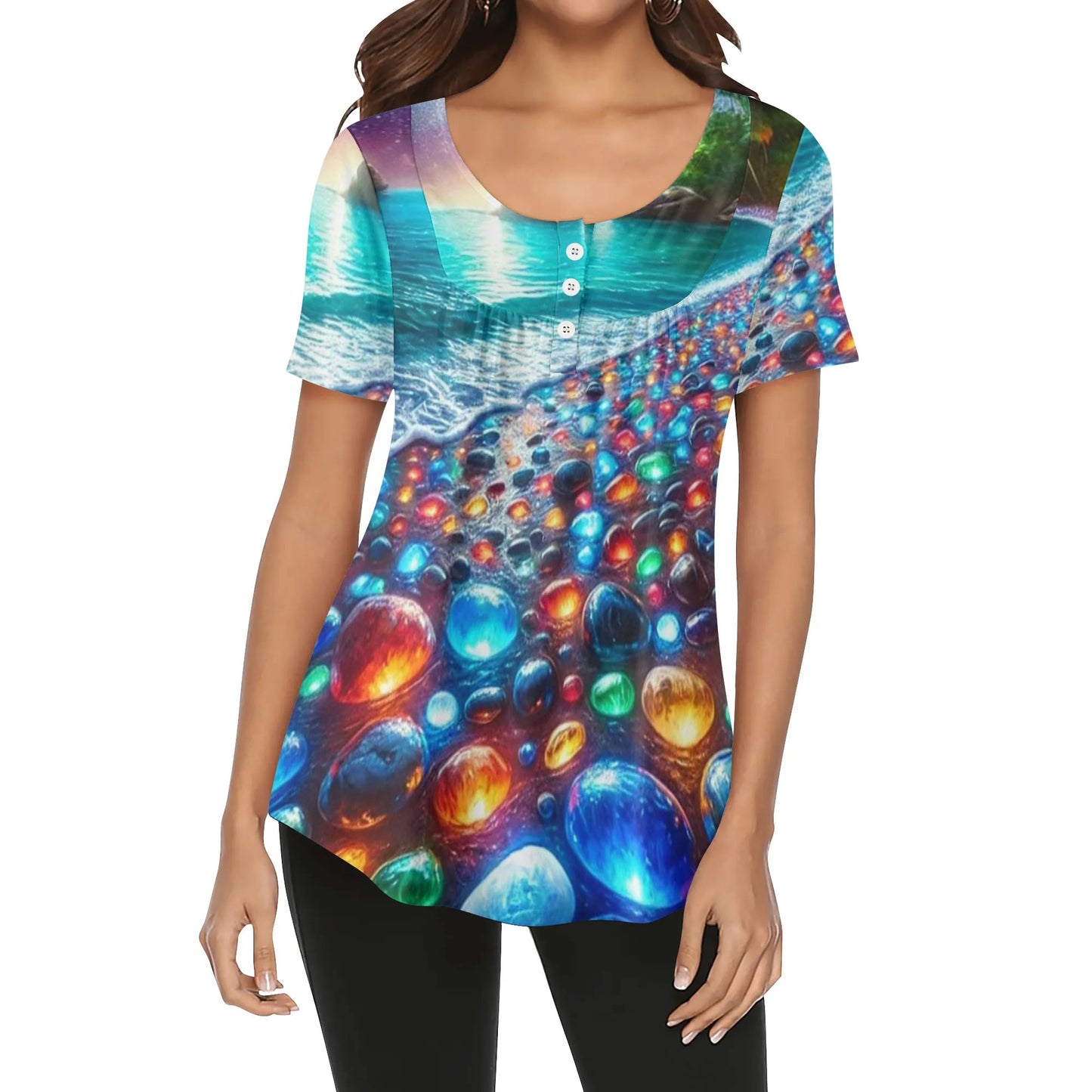 Scoop Neck Short Sleeve Loose Blouse "All Over Prints"