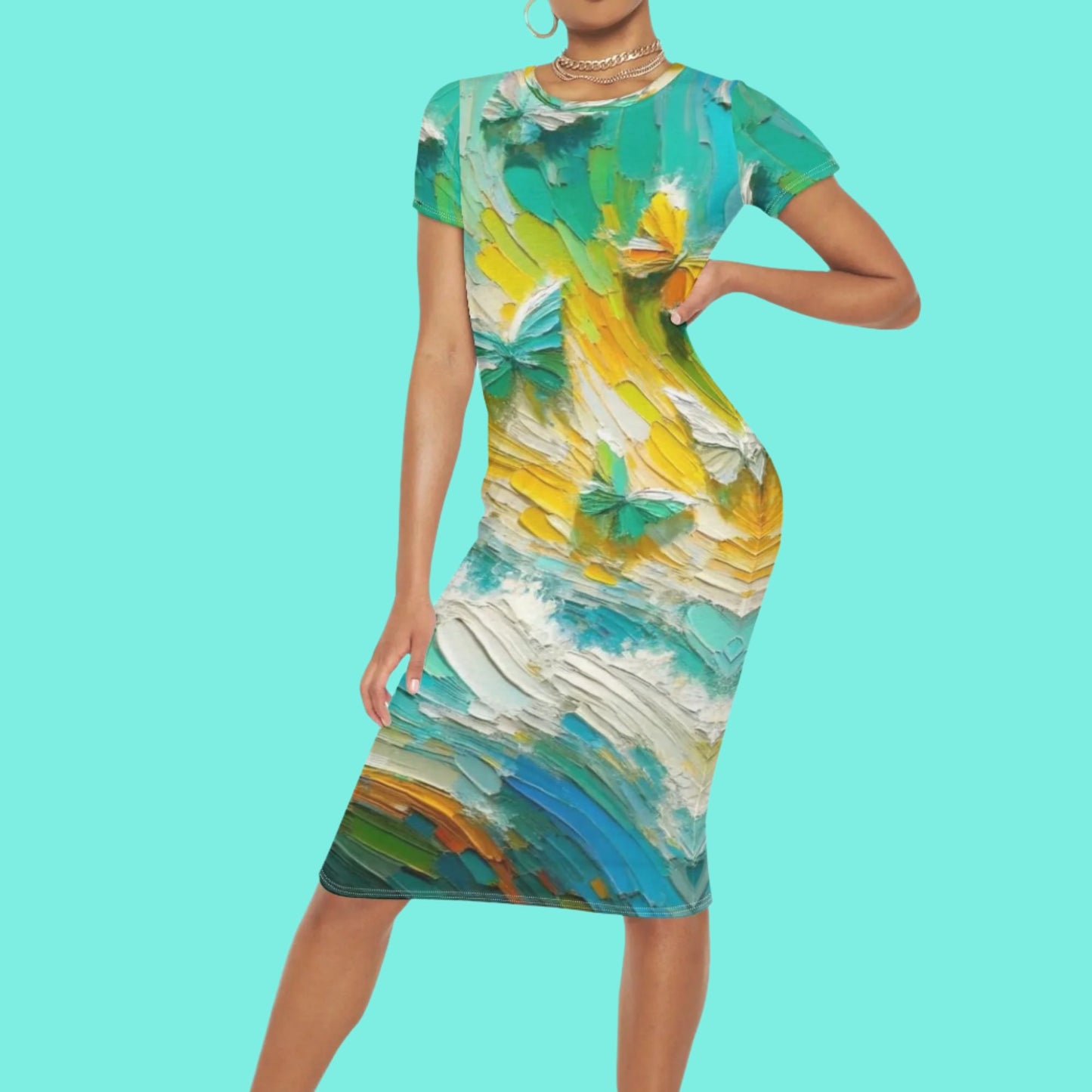 Short Sleeve 'All Over Print' Fitted Long T-Shirt Dress