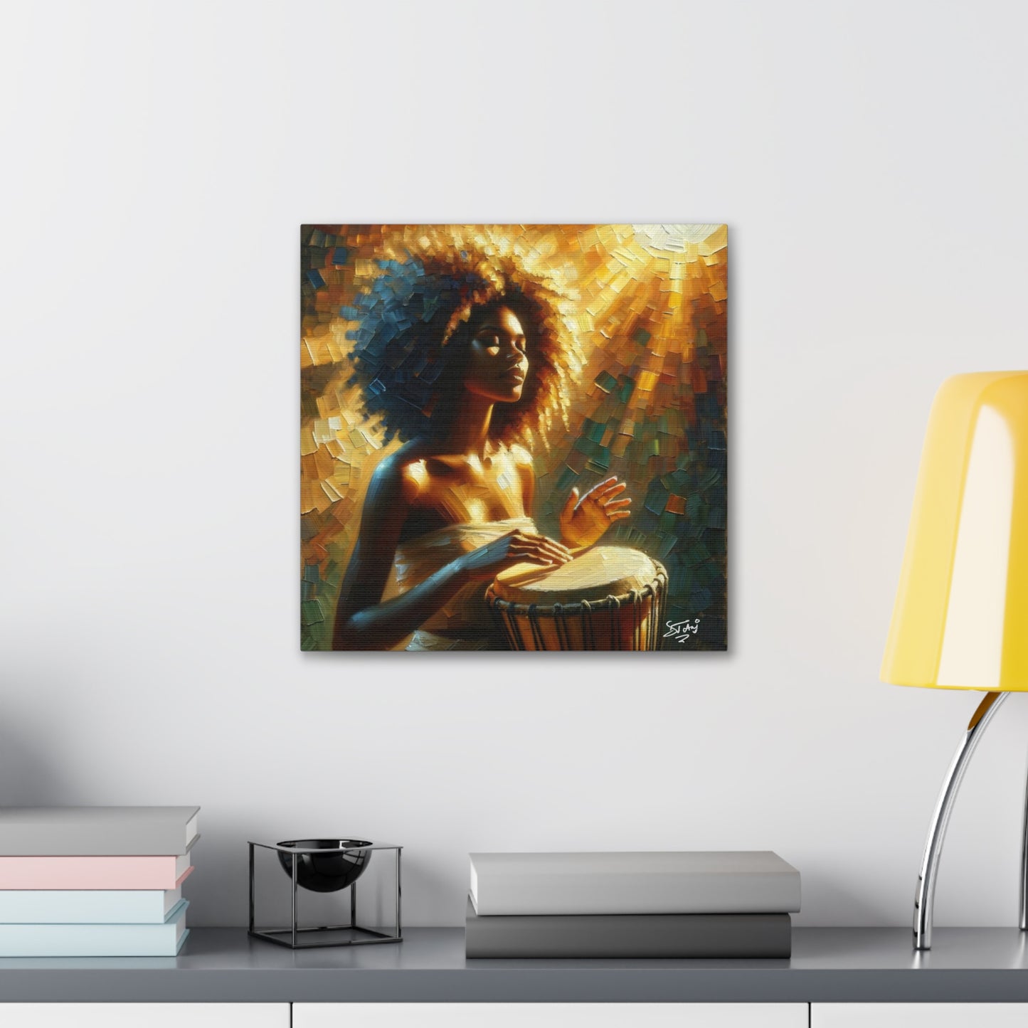 Art Print, Afro-Caribbean Woman, "Drumming" Oil Finish, West Indian Ethnicity, Cultural, Heritage, Abstract, Canvas Gallery Wrap