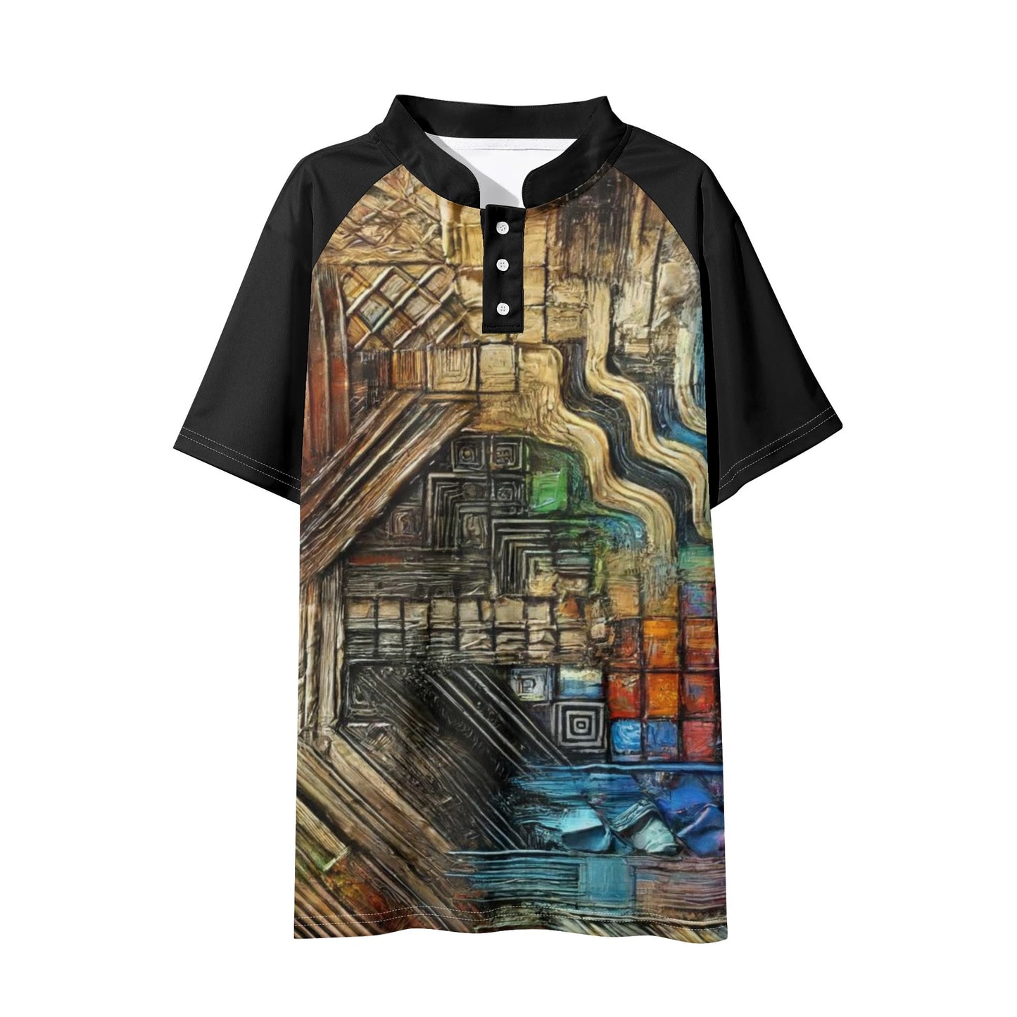 Mens Stand Collar Polo Shirt, Caribbean Color - Abstract Print