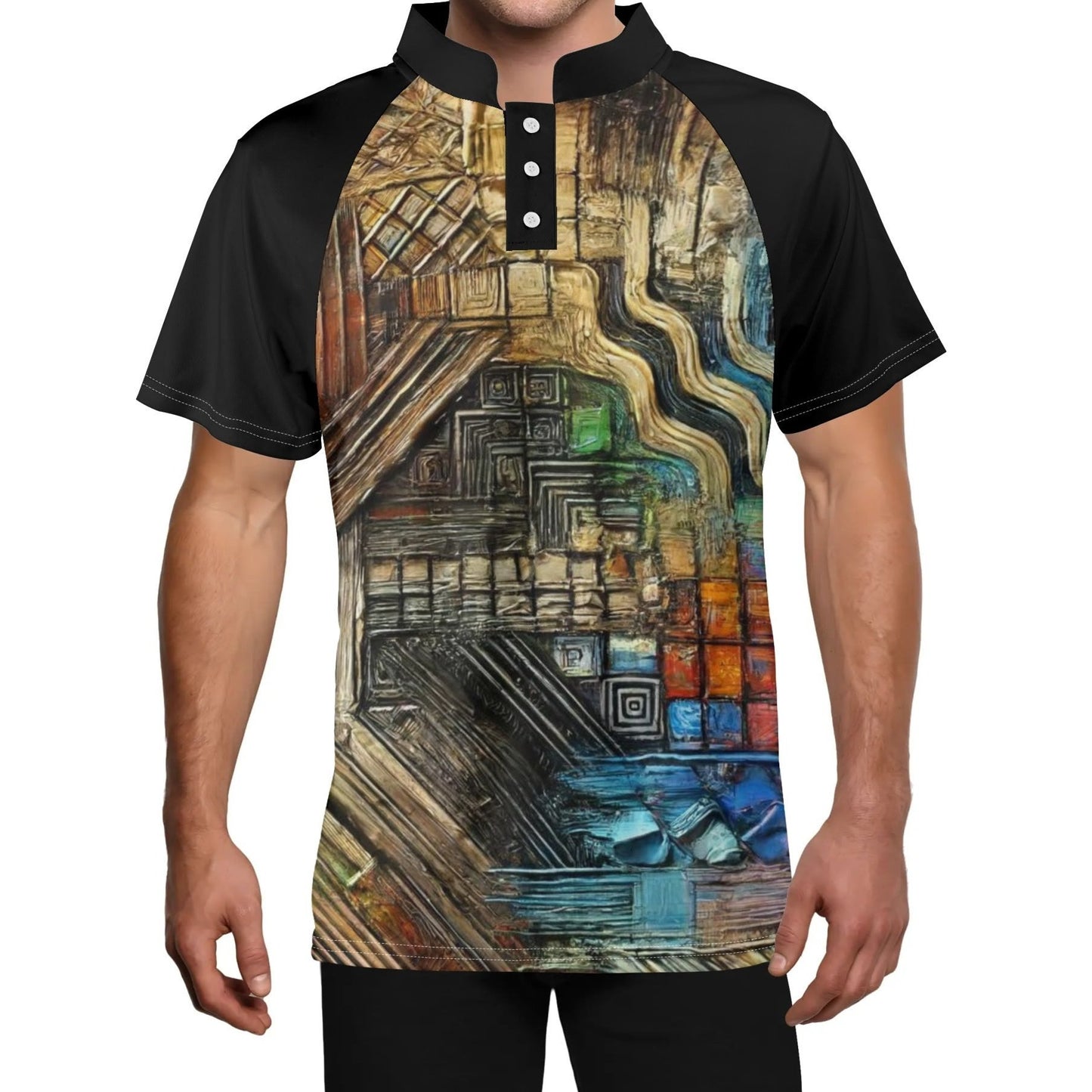 Mens Stand Collar Polo Shirt, Caribbean Color - Abstract Print