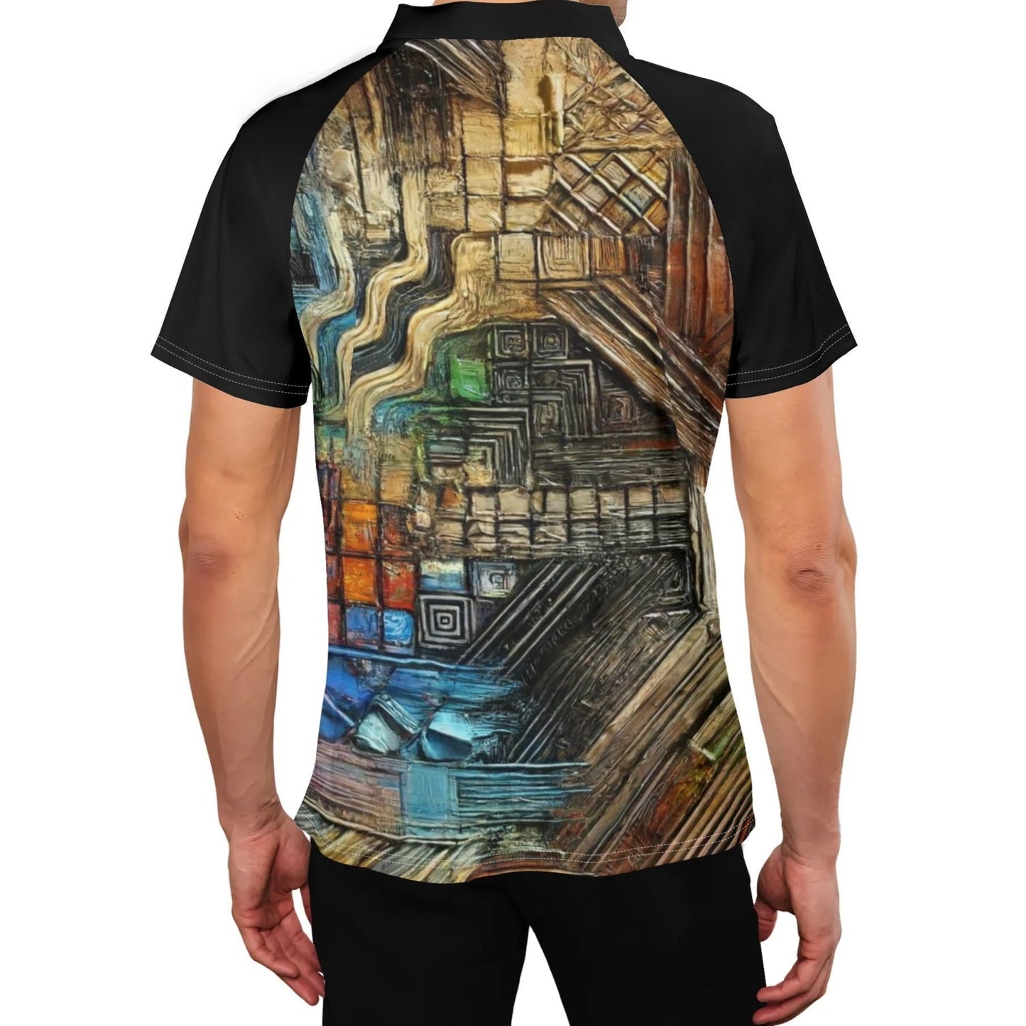 Mens Stand Collar Polo Shirt, Caribbean Color - Abstract Print