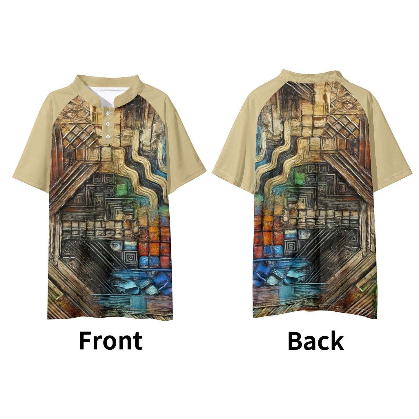 Mens Stand Collar Polo Shirt, Caribbean Color - Abstract Print