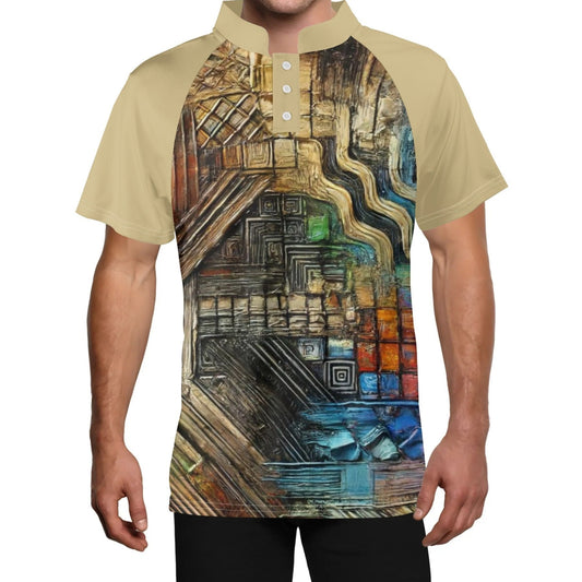 Mens Stand Collar Polo Shirt, Caribbean Color - Abstract Print