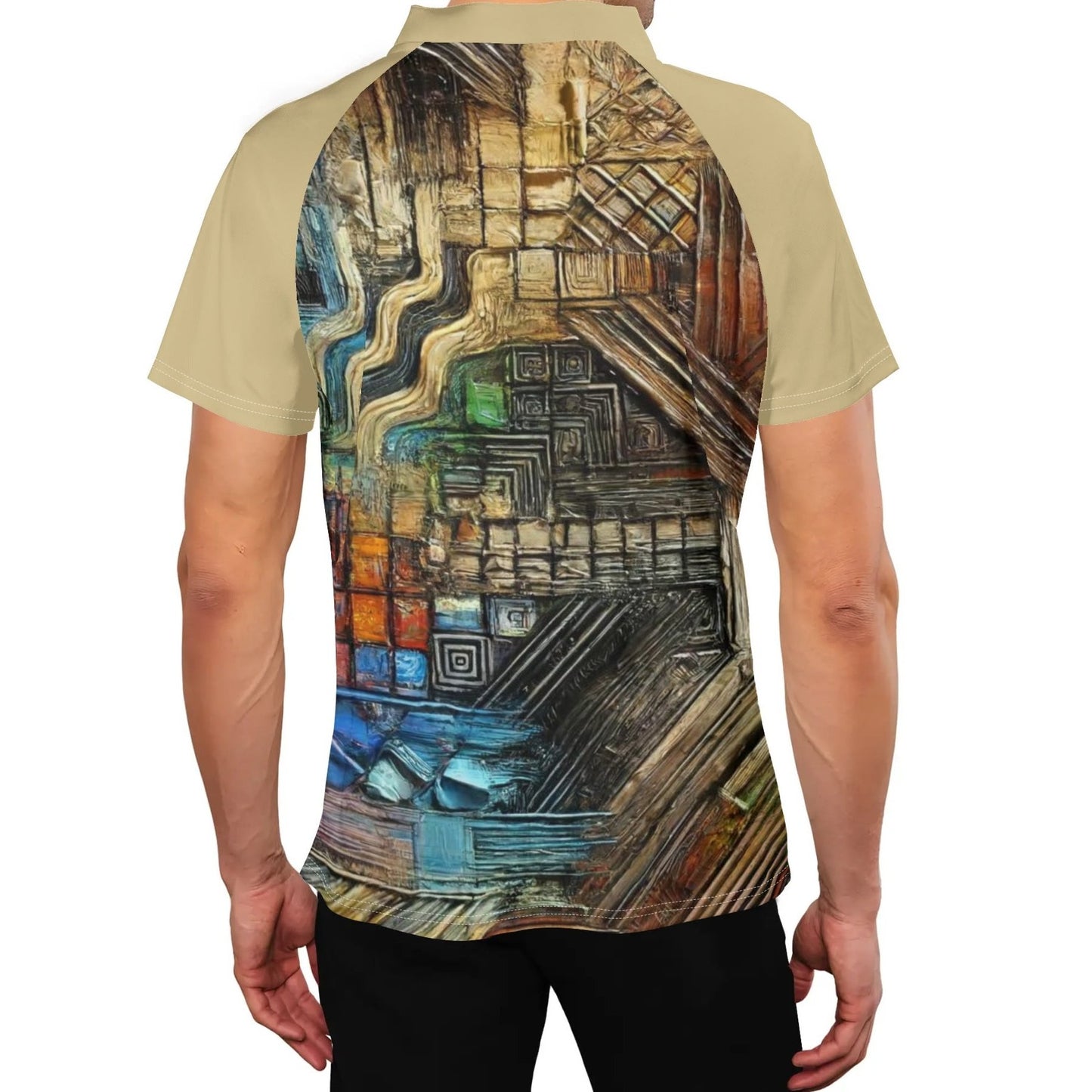 Mens Stand Collar Polo Shirt, Caribbean Color - Abstract Print