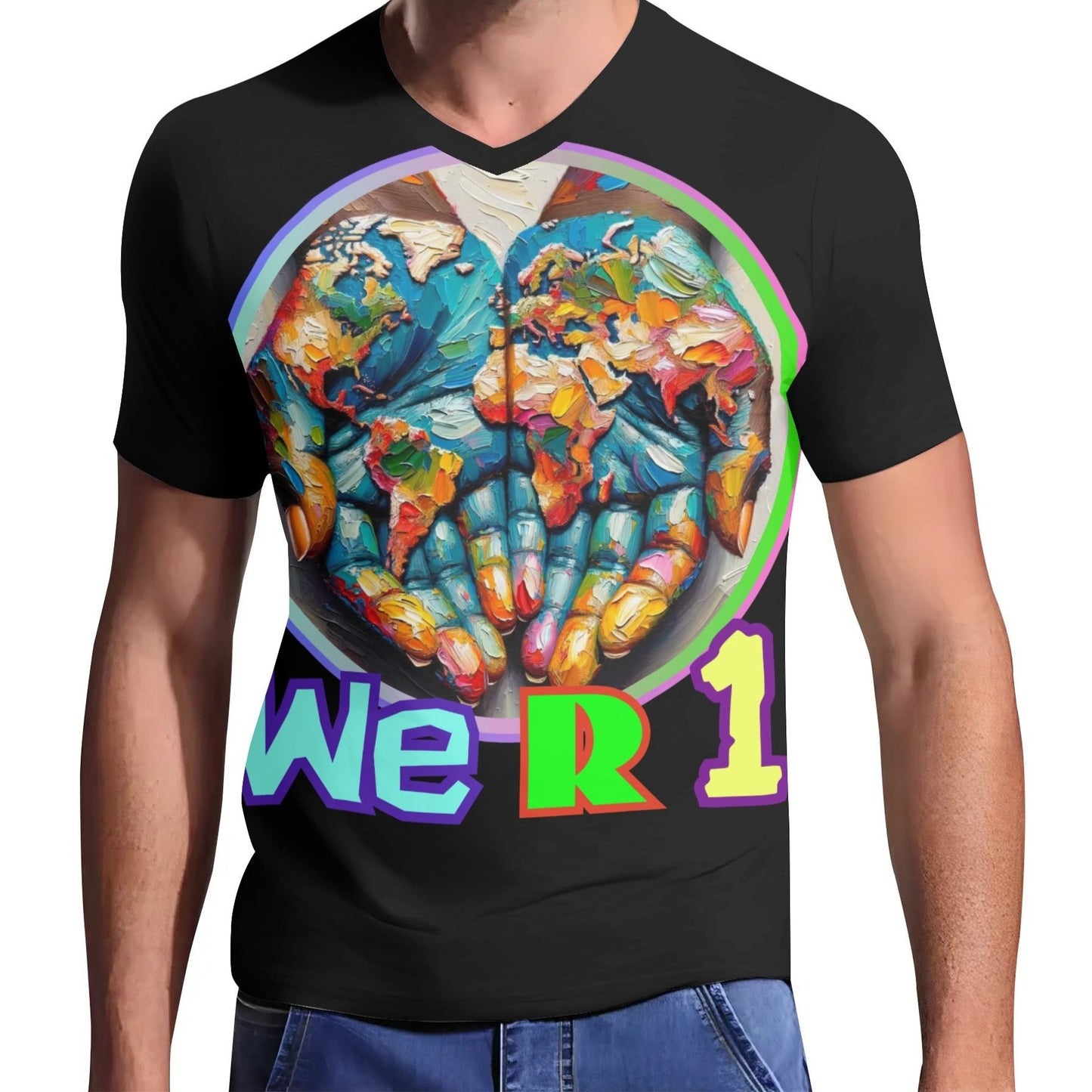 Mens Short Sleeve Soft Feel V-Neck T-Shirt "We R 1"