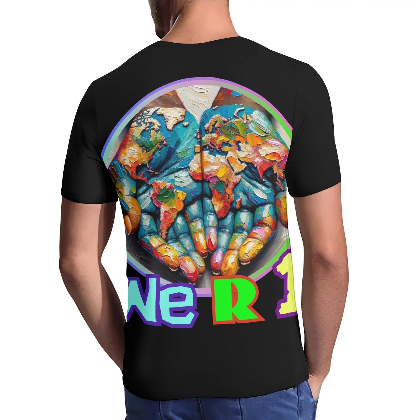 Mens Short Sleeve Soft Feel V-Neck T-Shirt "We R 1"