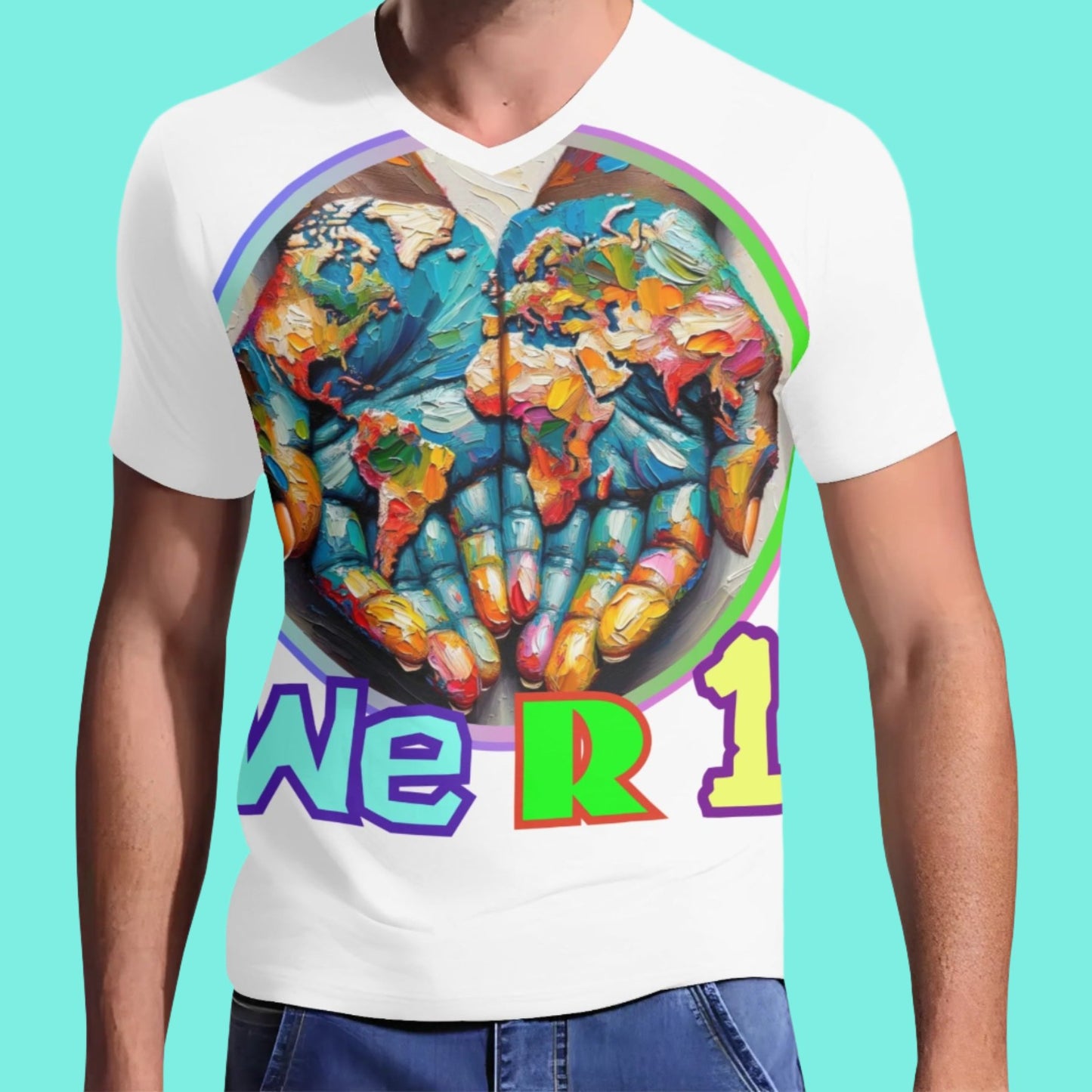 Mens Short Sleeve Soft Feel V-Neck T-Shirt "We R 1"