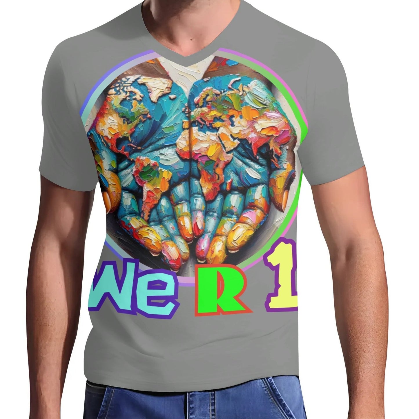 Mens Short Sleeve Soft Feel V-Neck T-Shirt "We R 1"