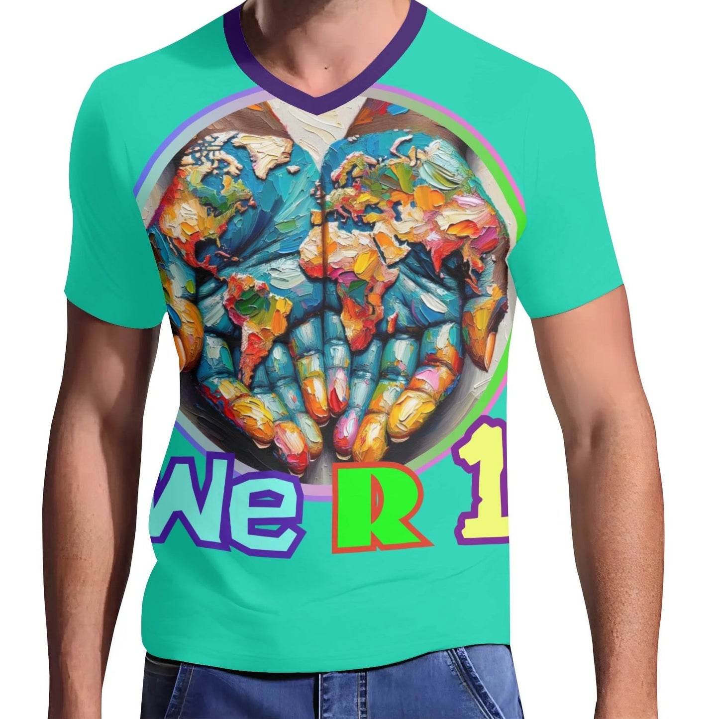 Mens Short Sleeve Soft Feel V-Neck T-Shirt "We R 1"