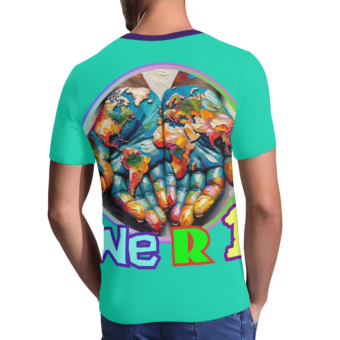 Mens Short Sleeve Soft Feel V-Neck T-Shirt "We R 1"