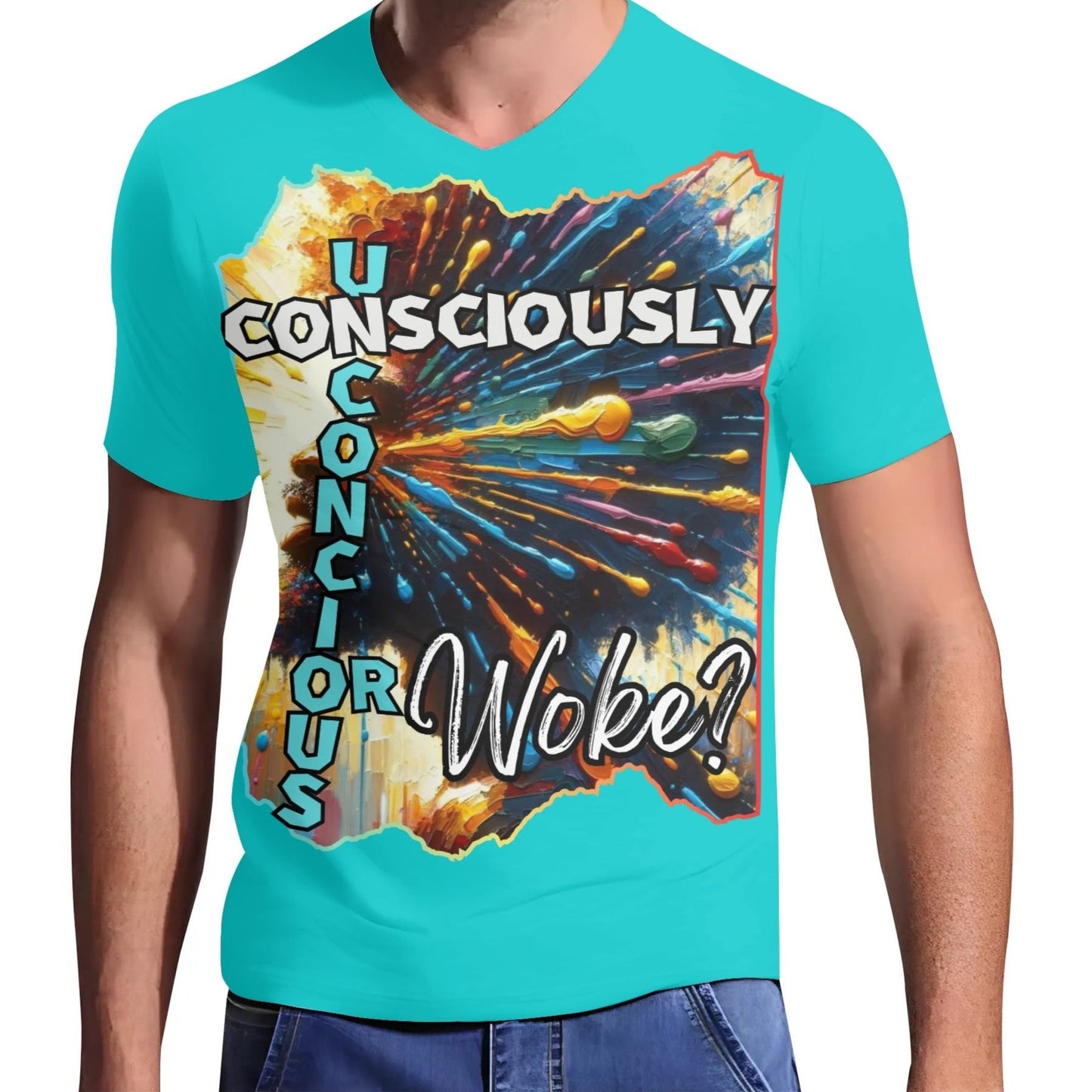 Mens Short Sleeve Soft Feel V-Neck T-Shirt "Consciously Unconscious..."