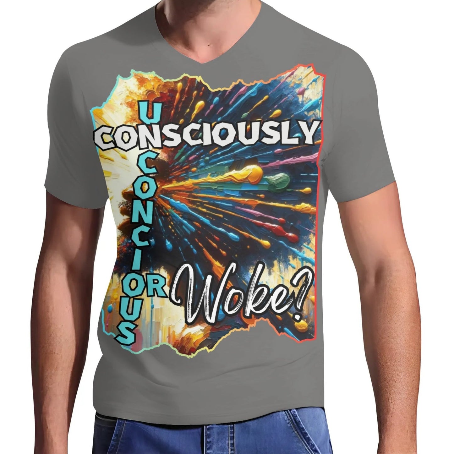 Mens Short Sleeve Soft Feel V-Neck T-Shirt "Consciously Unconscious..."