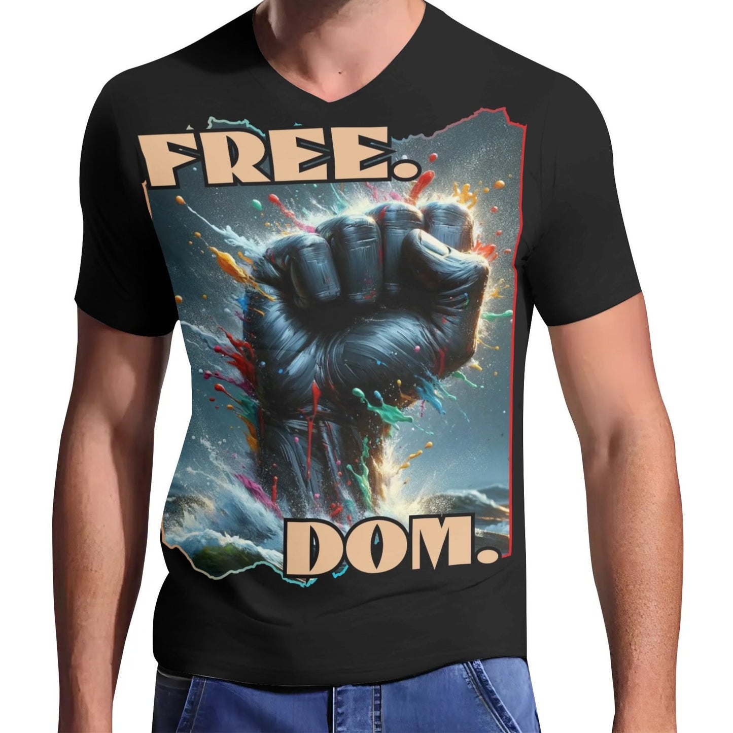 Mens Short Sleeve Soft Feel V-Neck T-Shirt "FREE.DOM."