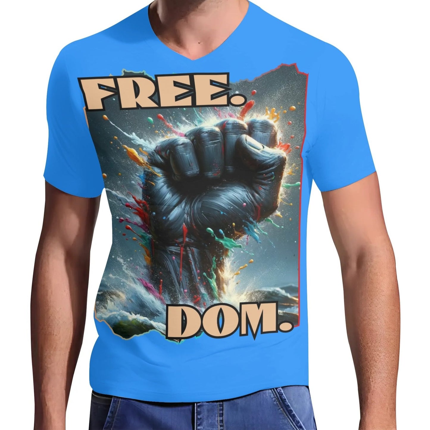 Mens Short Sleeve Soft Feel V-Neck T-Shirt "FREE.DOM."