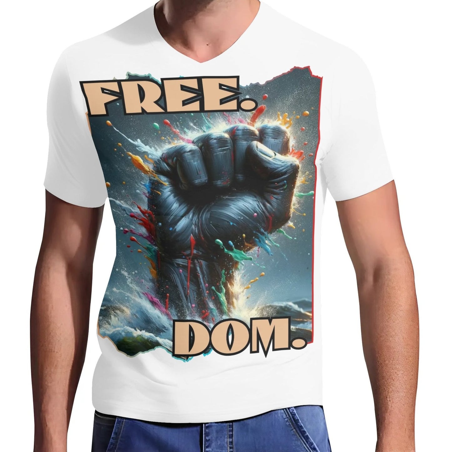 Mens Short Sleeve Soft Feel V-Neck T-Shirt "FREE.DOM."