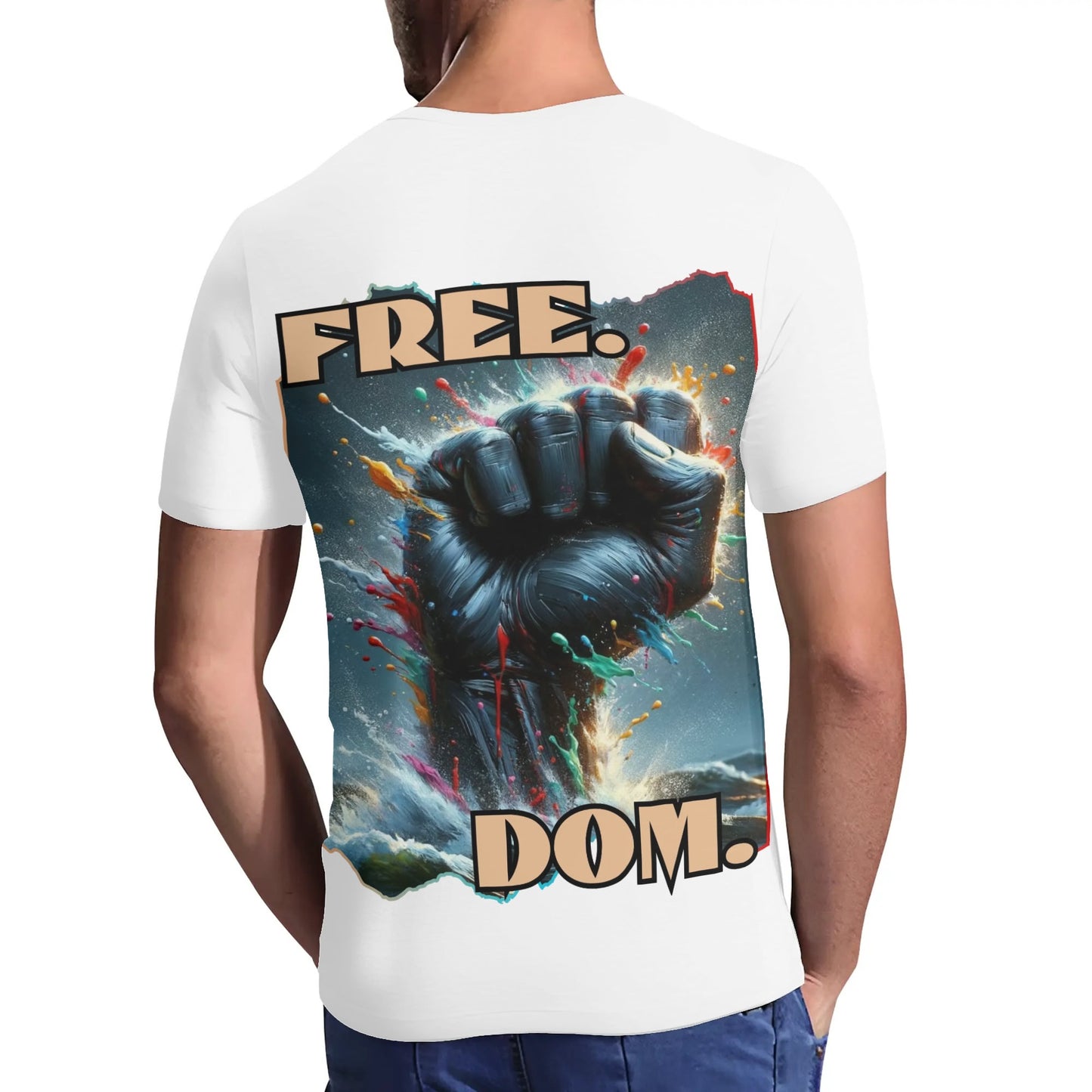 Mens Short Sleeve Soft Feel V-Neck T-Shirt "FREE.DOM."