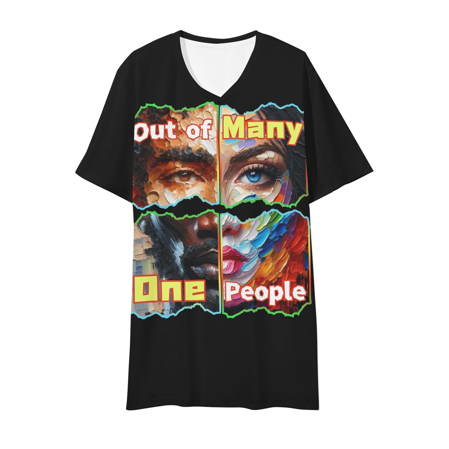 Mens Short Sleeve Soft Feel V-Neck T-Shirt "Out of Many, One People"