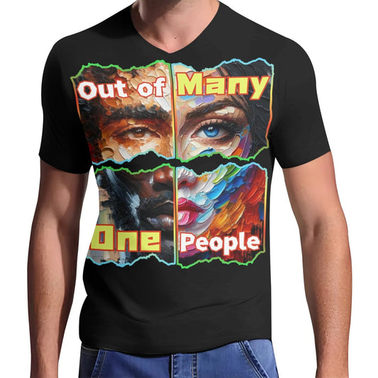 Mens Short Sleeve Soft Feel V-Neck T-Shirt "Out of Many, One People"