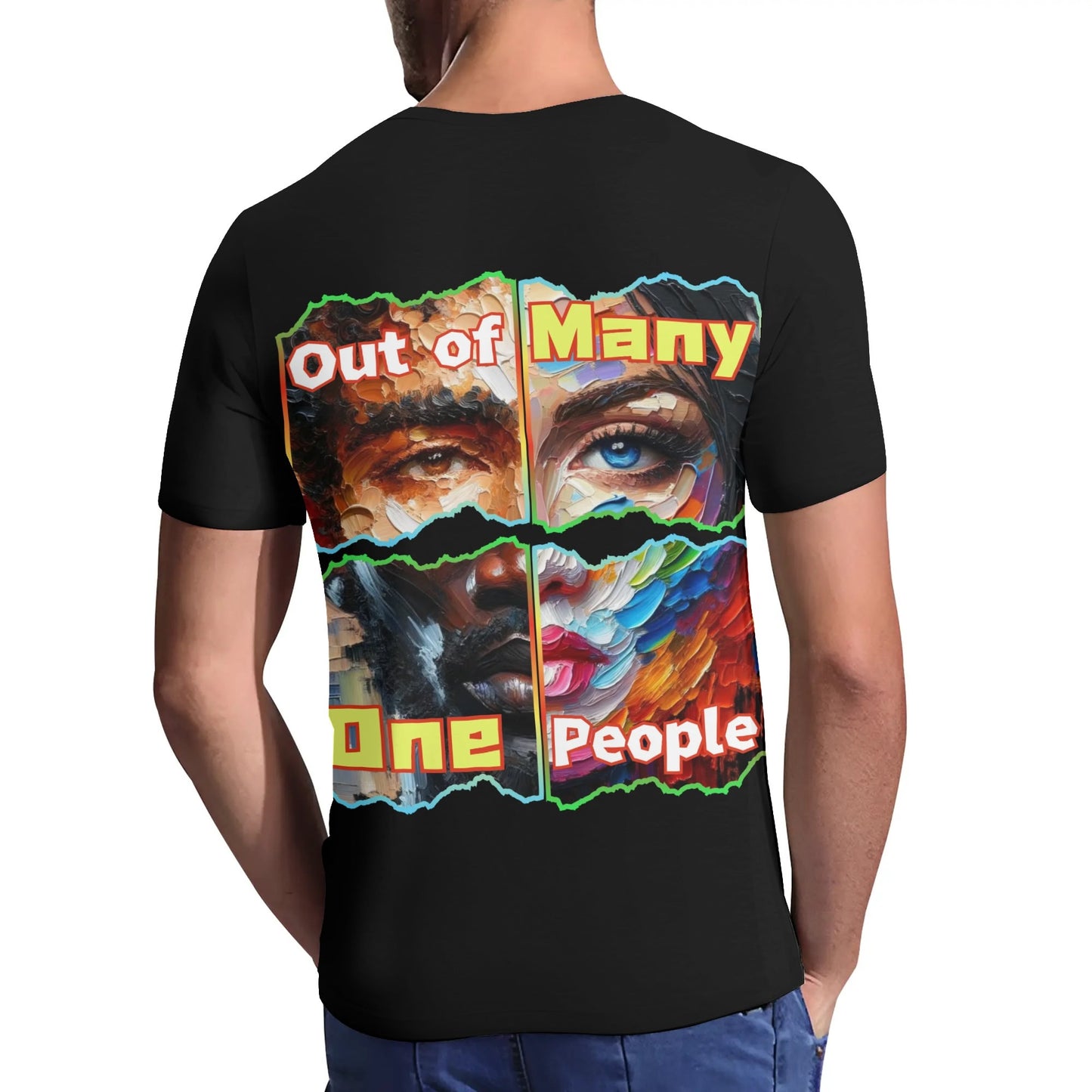 Mens Short Sleeve Soft Feel V-Neck T-Shirt "Out of Many, One People"