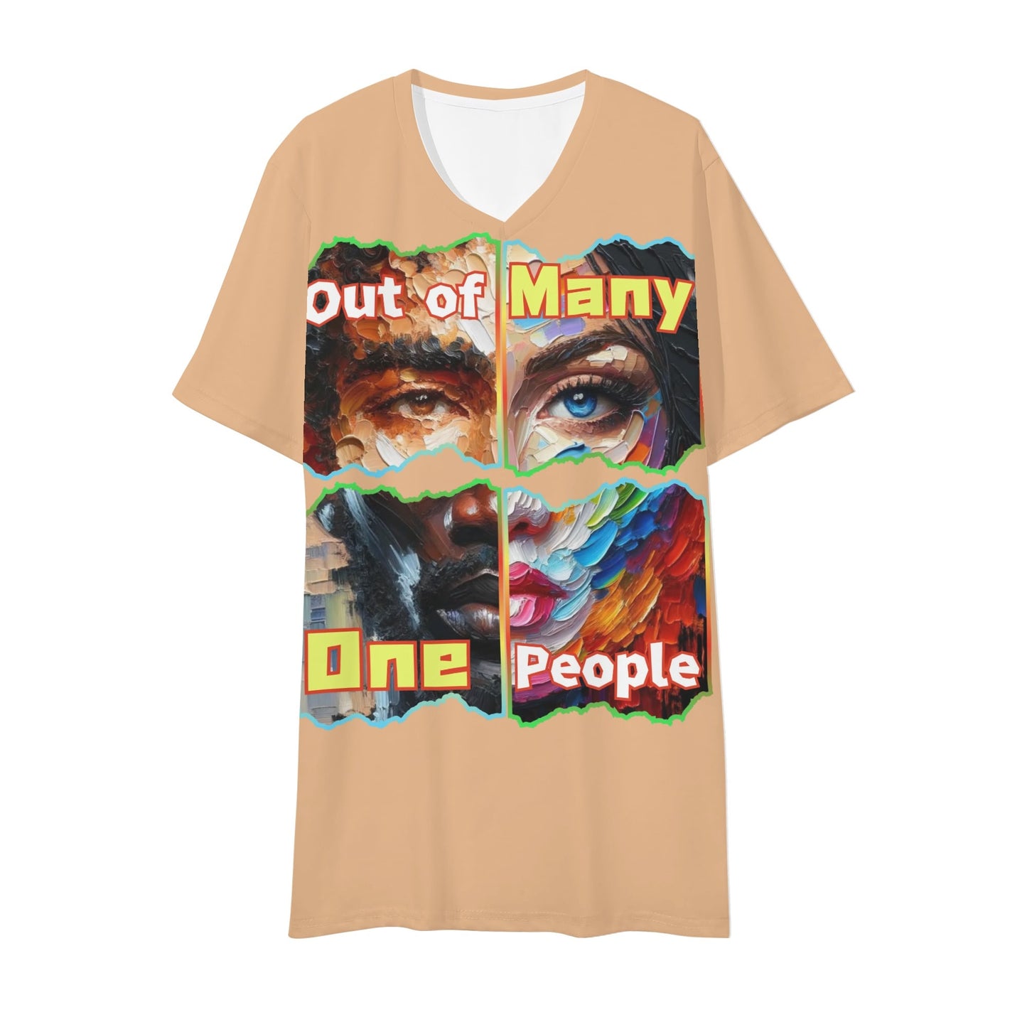 Mens Short Sleeve Soft Feel V-Neck T-Shirt "Out of Many, One People"