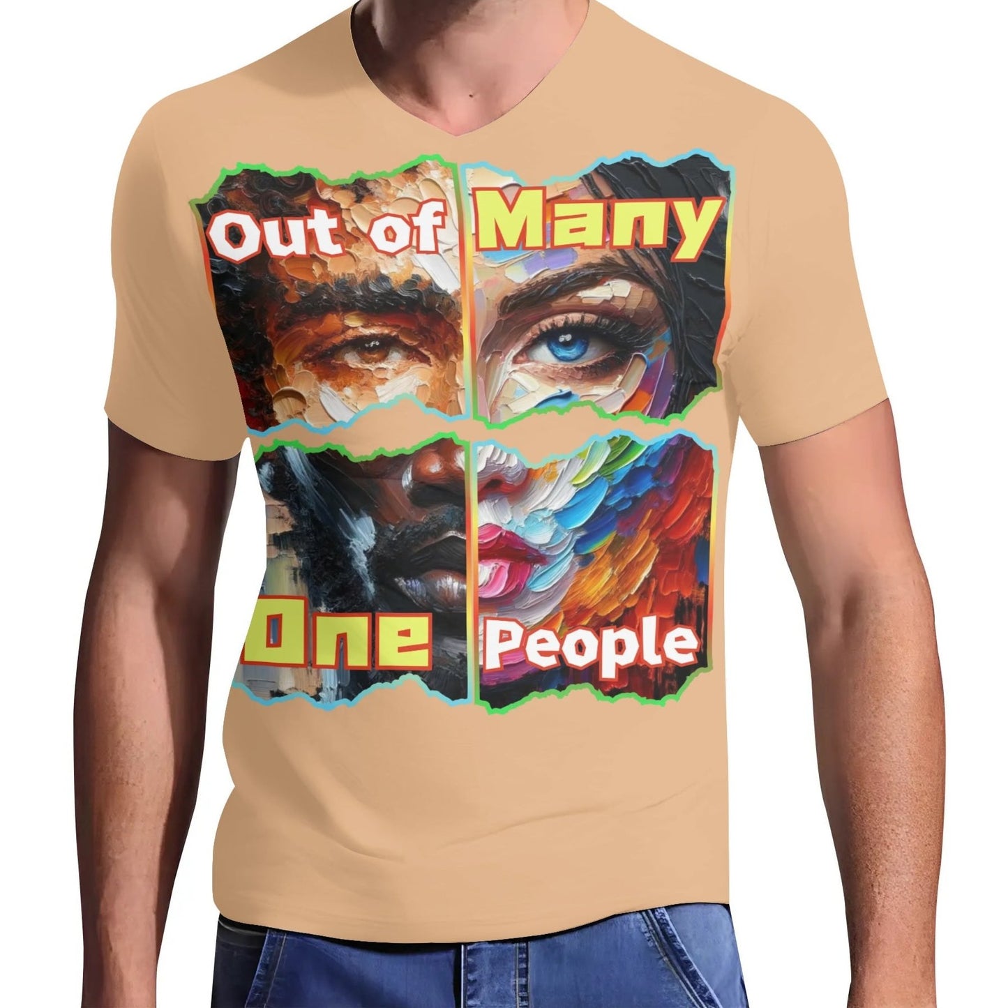 Mens Short Sleeve Soft Feel V-Neck T-Shirt "Out of Many, One People"