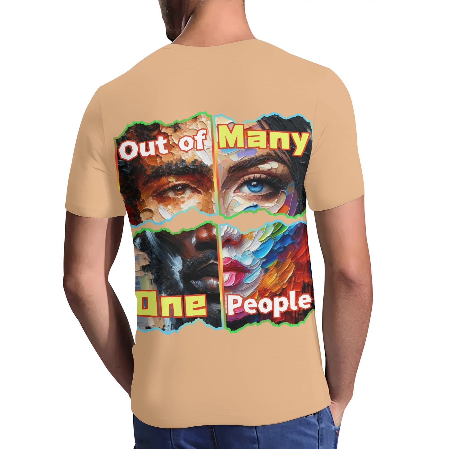 Mens Short Sleeve Soft Feel V-Neck T-Shirt "Out of Many, One People"